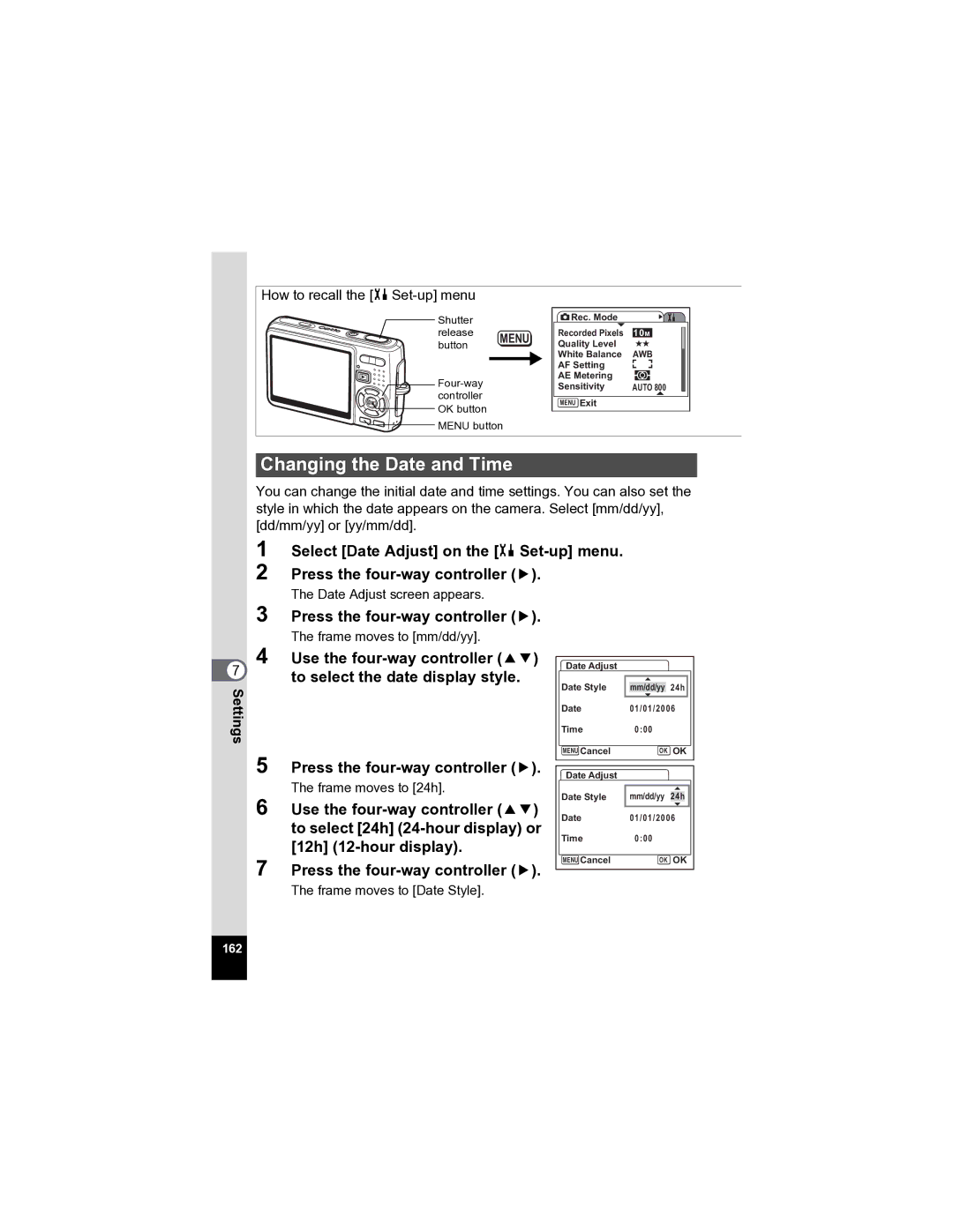 Pentax Optio A20 specifications Changing the Date and Time 