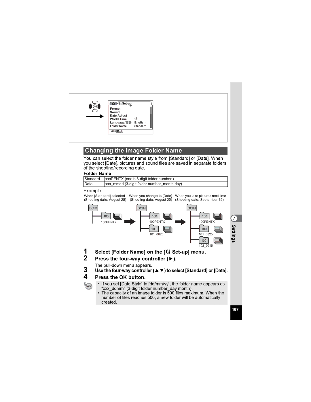 Pentax Optio A20 specifications Changing the Image Folder Name 