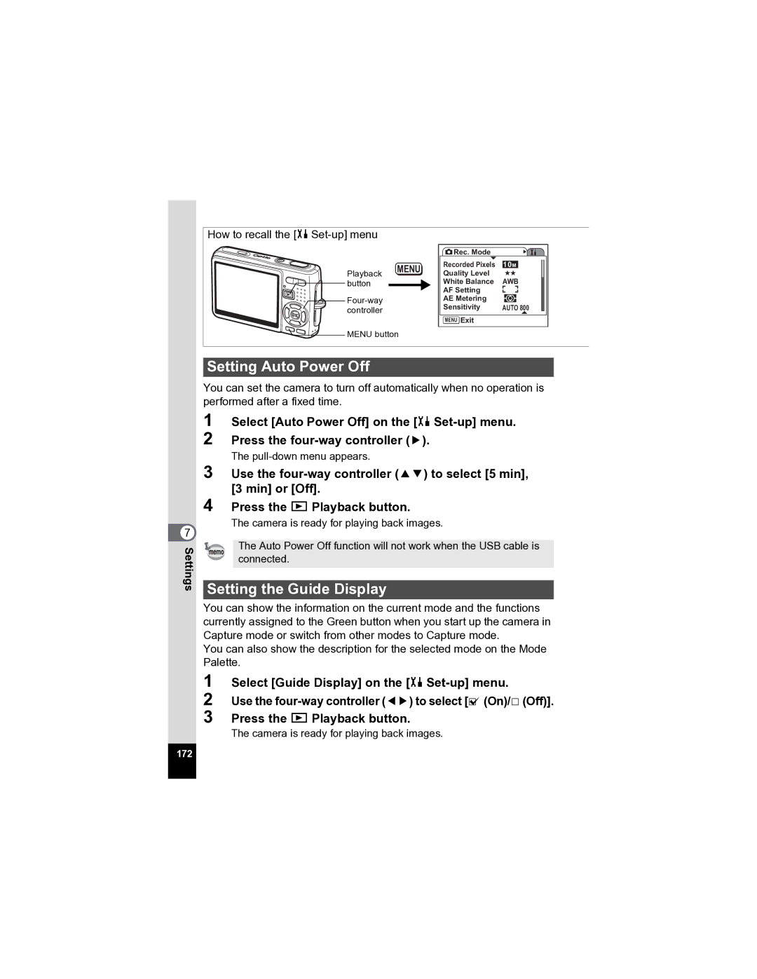 Pentax Optio A20 specifications Setting Auto Power Off, Setting the Guide Display 