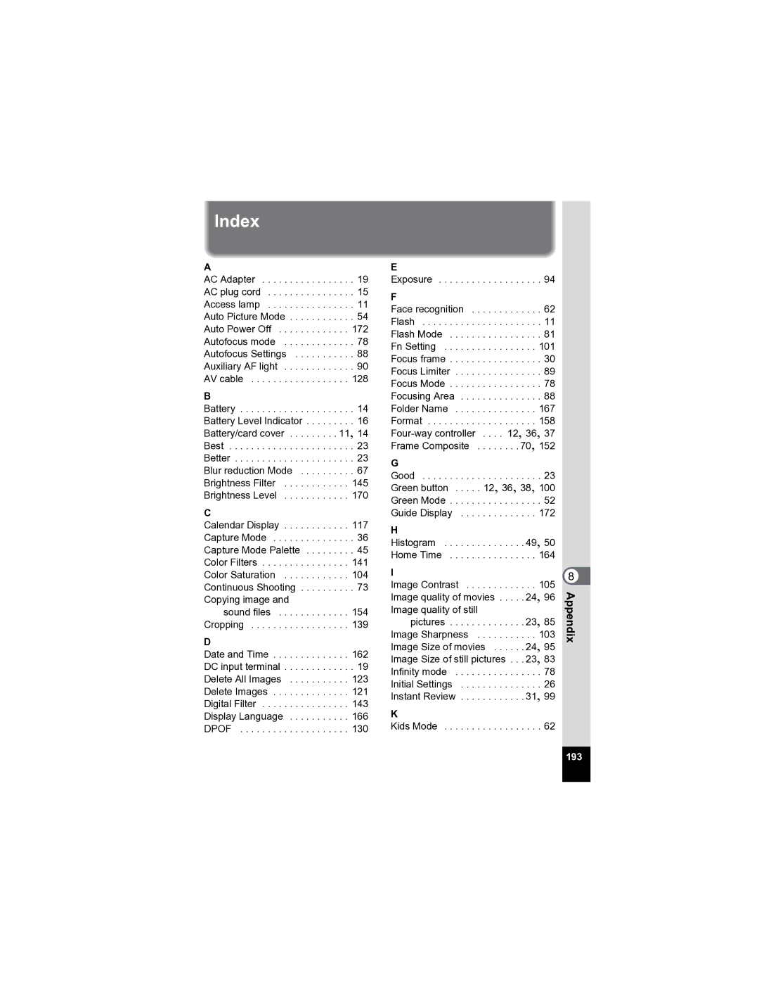 Pentax Optio A20 specifications Index 