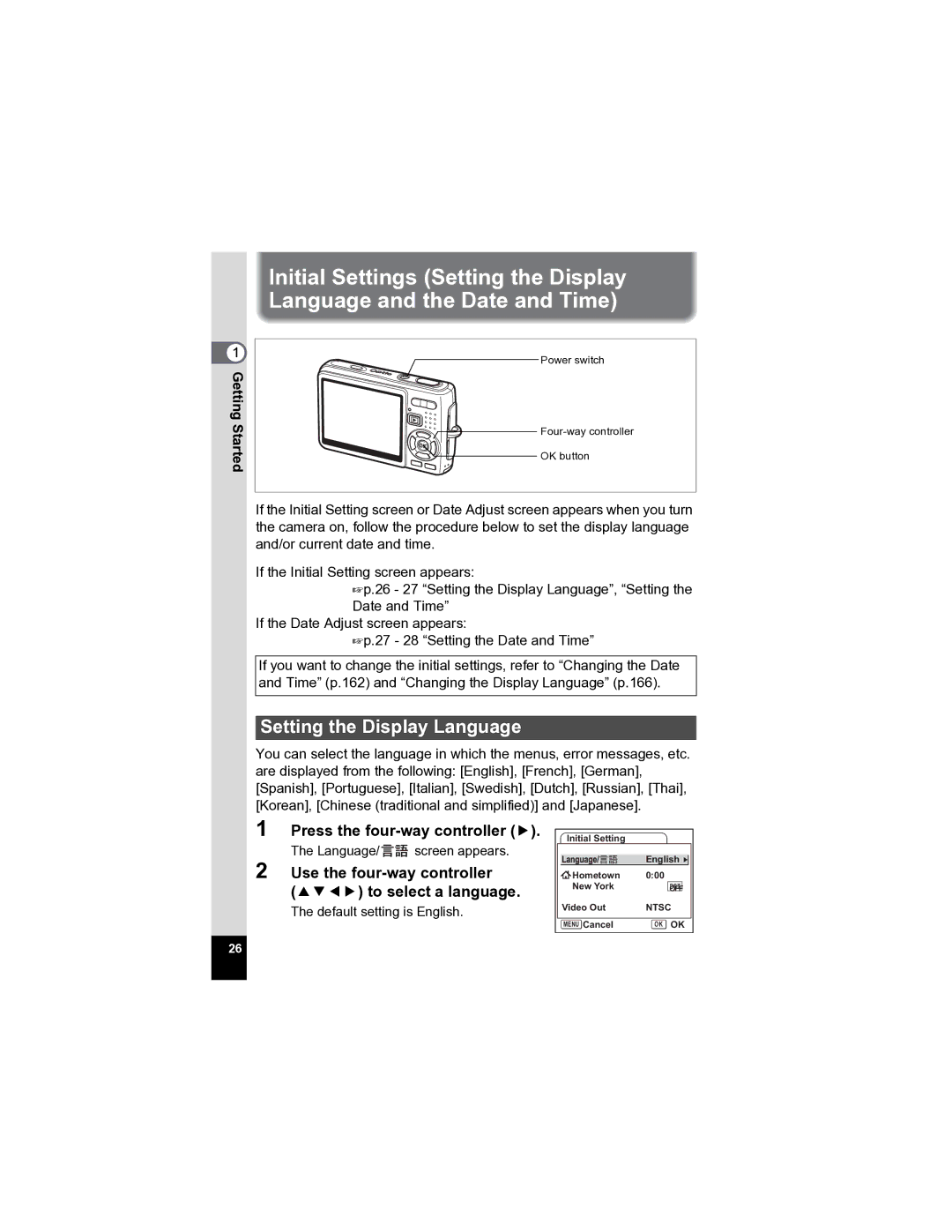 Pentax Optio A20 specifications Setting the Display Language, Press the four-way controller 