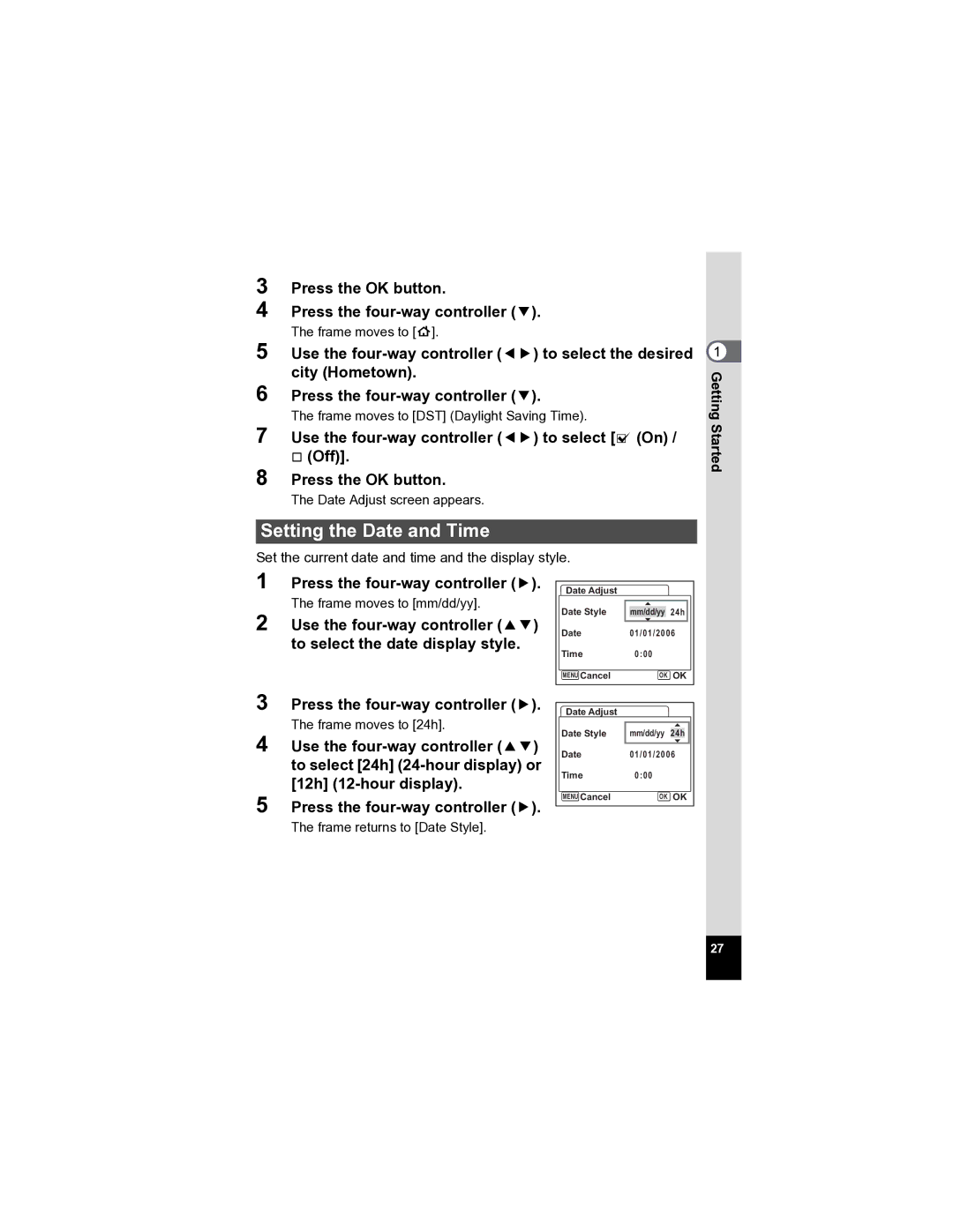 Pentax Optio A20 specifications Setting the Date and Time, Press the OK button Press the four-way controller 