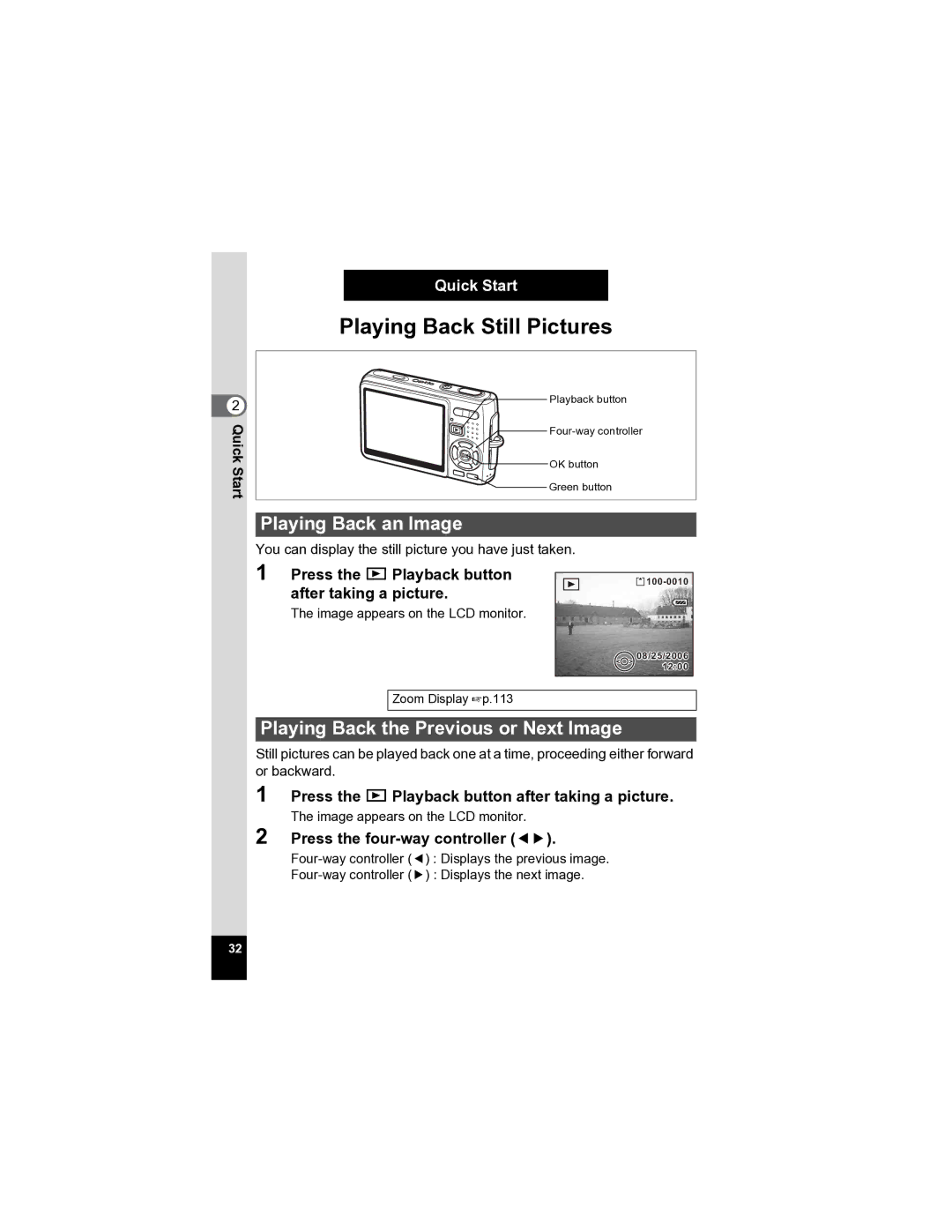 Pentax Optio A20 specifications Playing Back an Image, Playing Back the Previous or Next Image, Press the Q Playback button 