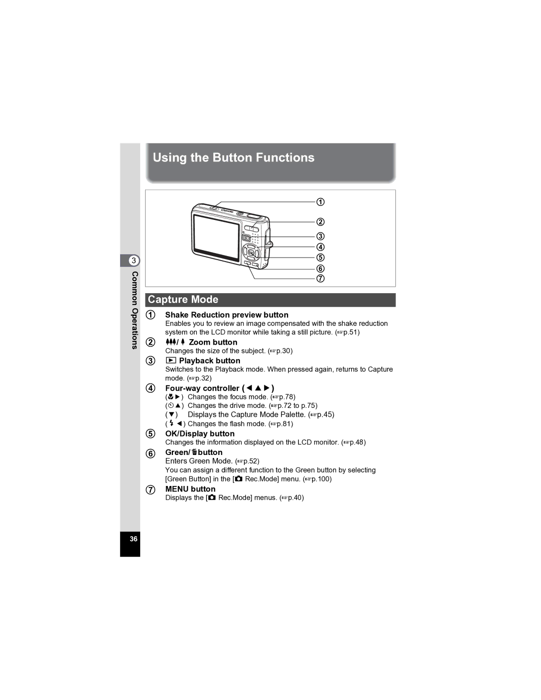 Pentax Optio A20 specifications Using the Button Functions, Capture Mode 