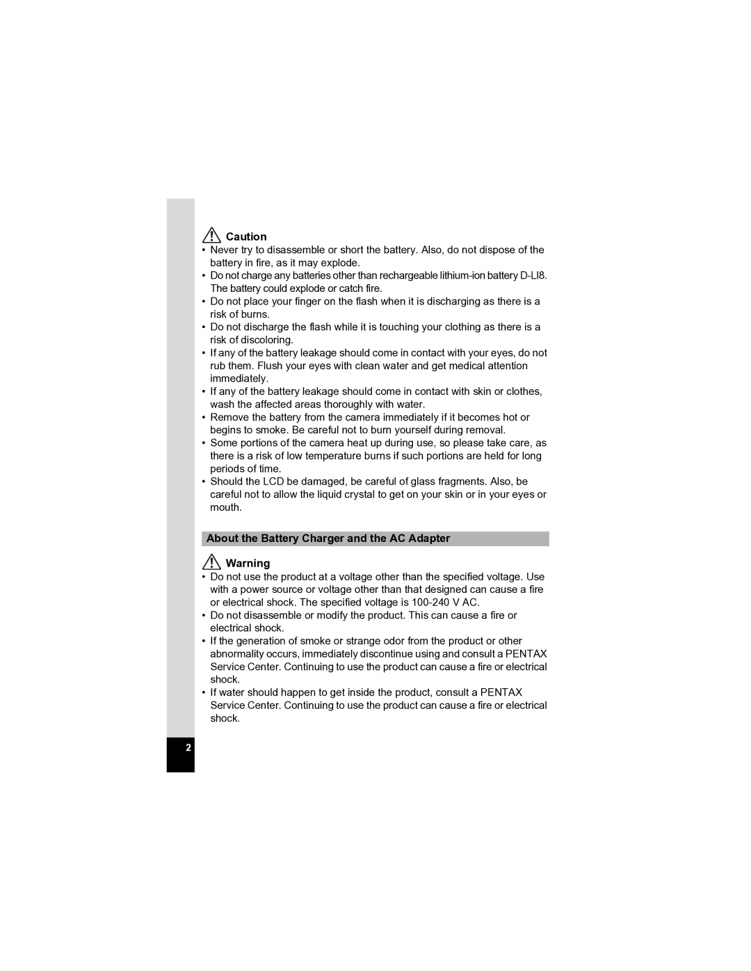 Pentax Optio A20 specifications About the Battery Charger and the AC Adapter 