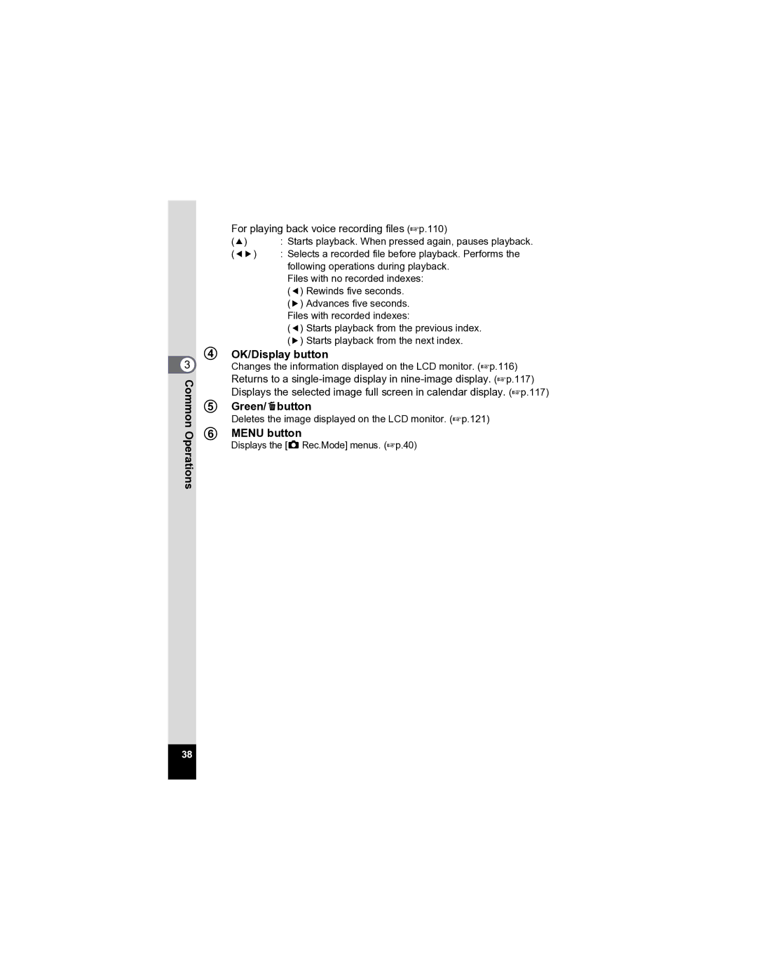 Pentax Optio A20 specifications For playing back voice recording files 1p.110 