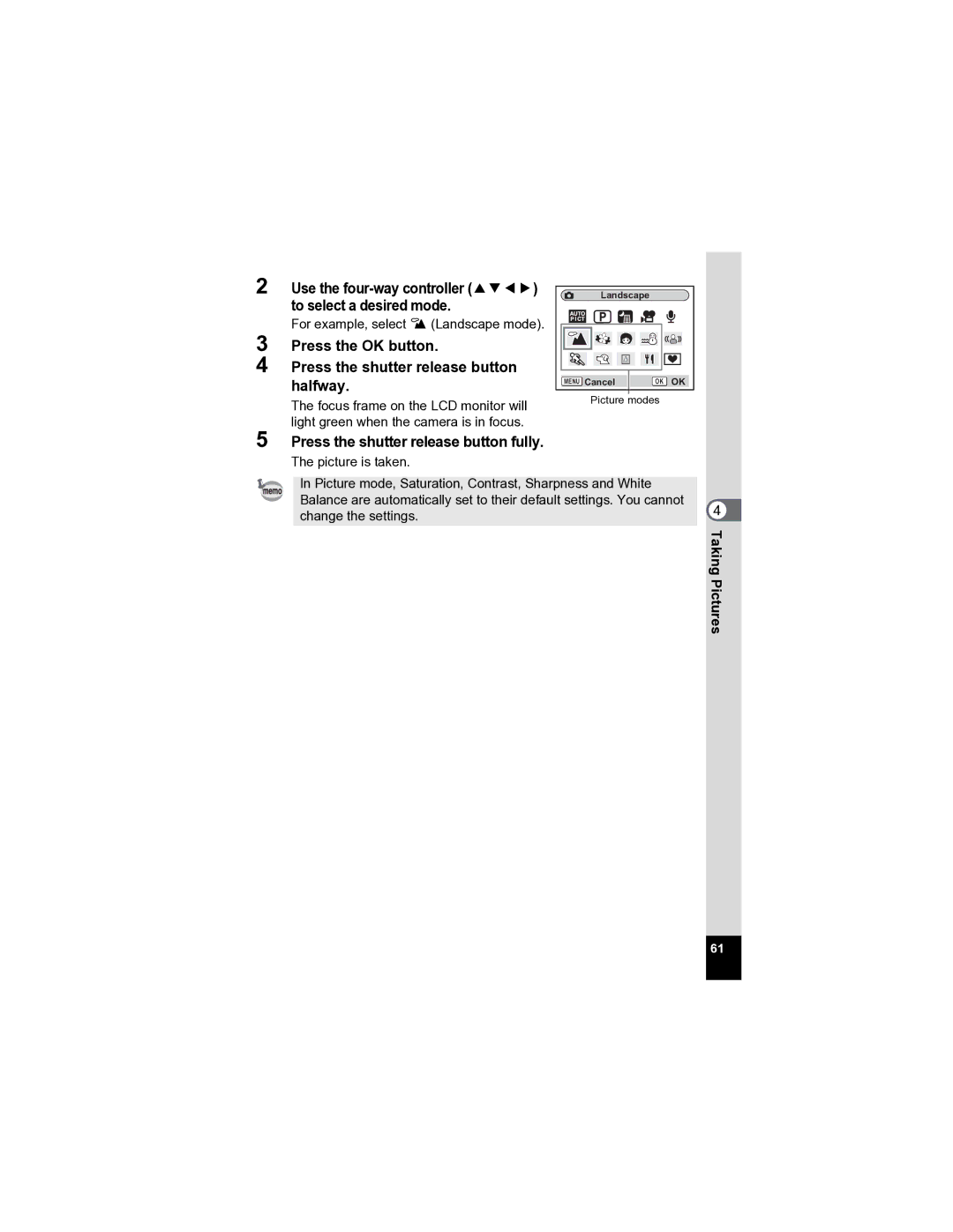 Pentax Optio A20 specifications Use the four-way controller 2345 to select a desired mode 