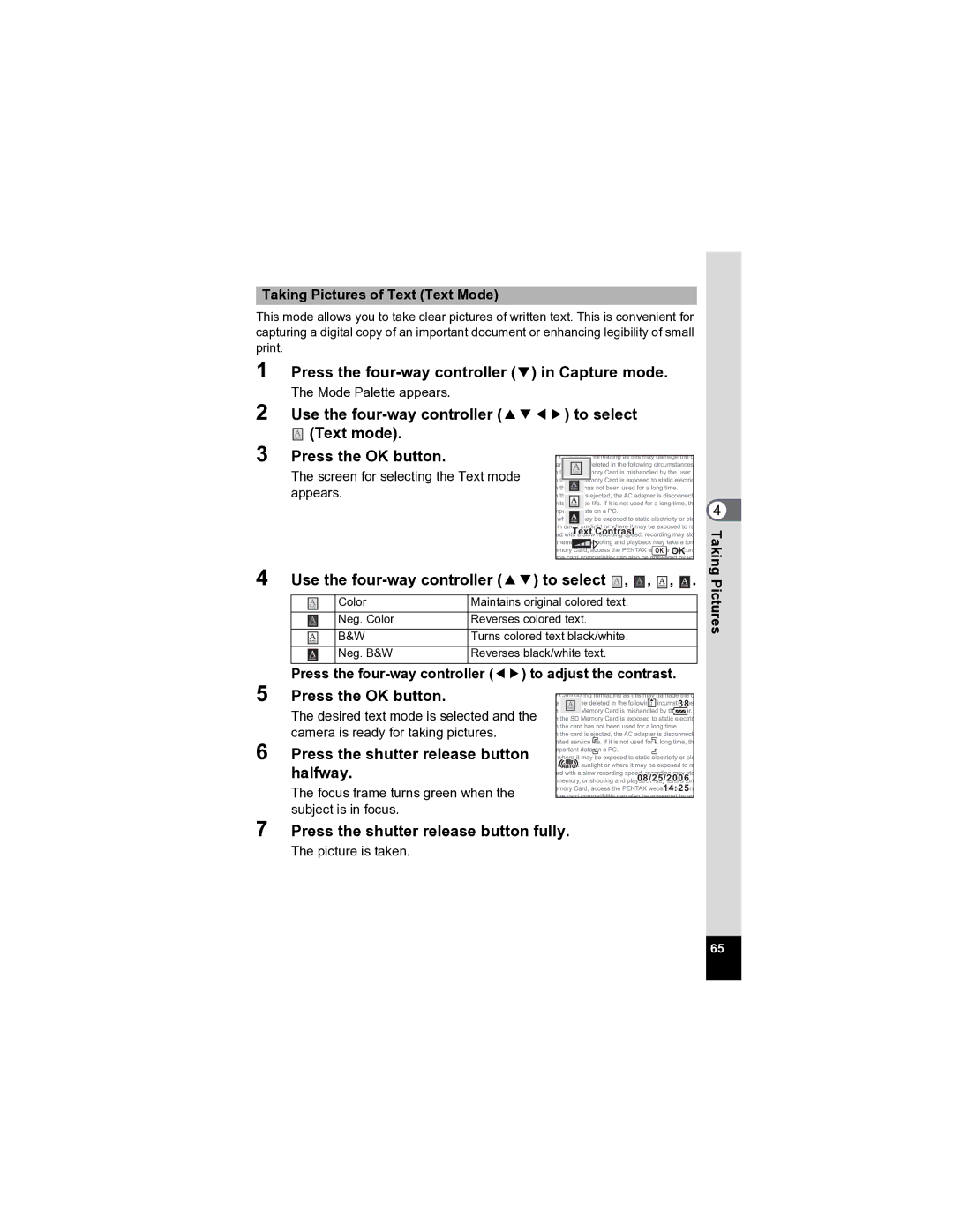 Pentax Optio A20 specifications Use the four-way controller 23 to select, Taking Pictures of Text Text Mode 