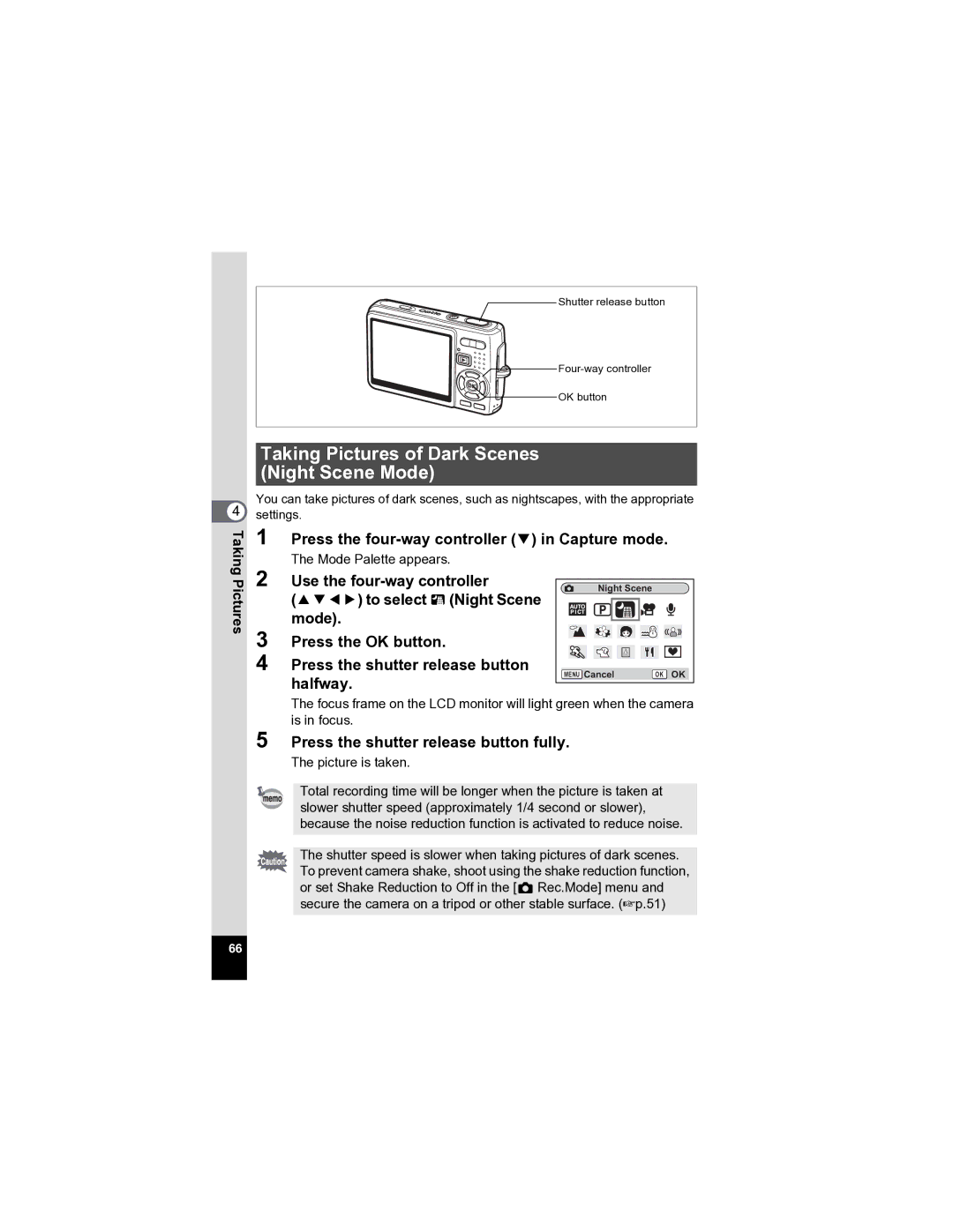 Pentax Optio A20 specifications Taking Pictures of Dark Scenes Night Scene Mode 