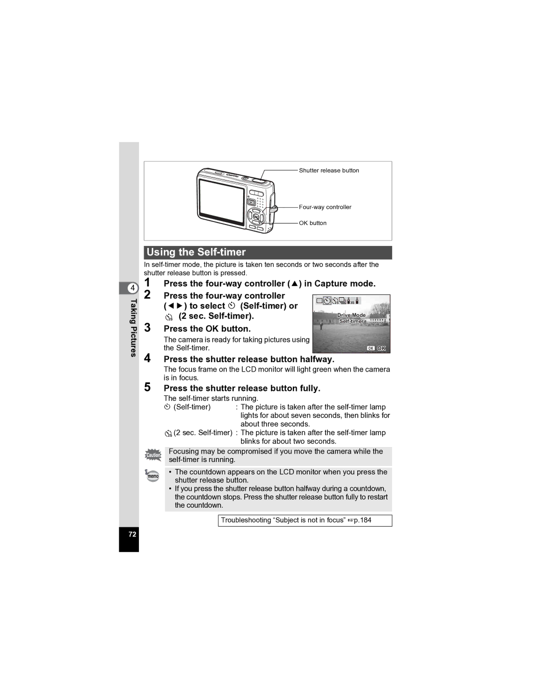 Pentax Optio A20 specifications Using the Self-timer, Press the four-way controller 2 in Capture mode 