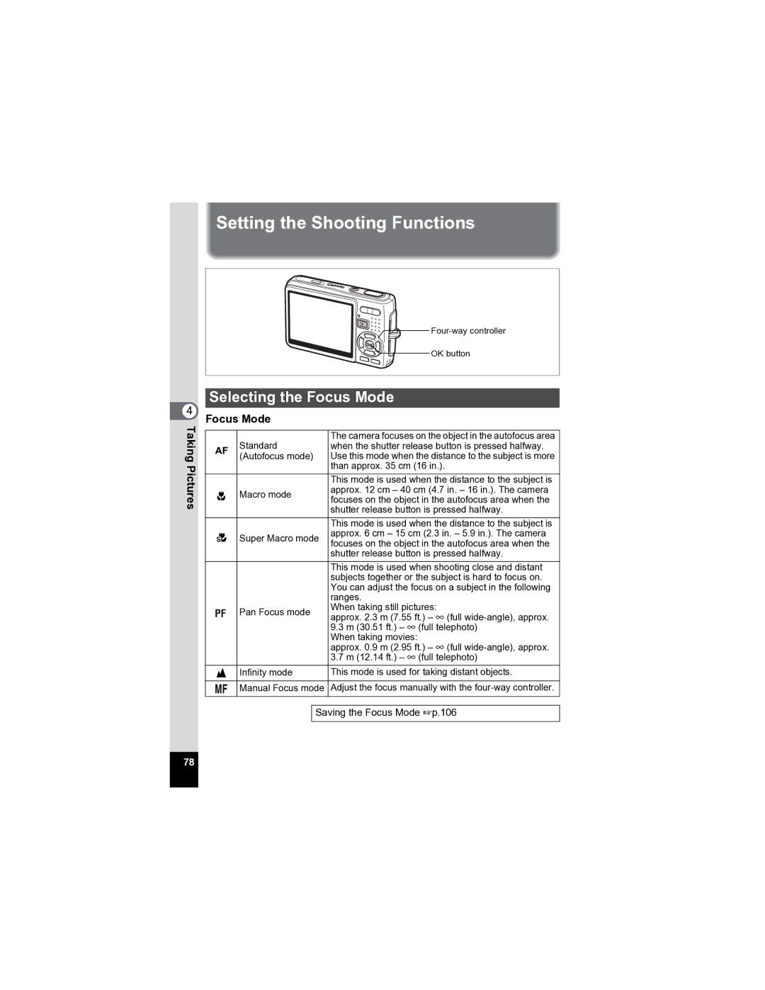 Pentax Optio A20 specifications Setting the Shooting Functions, Selecting the Focus Mode 