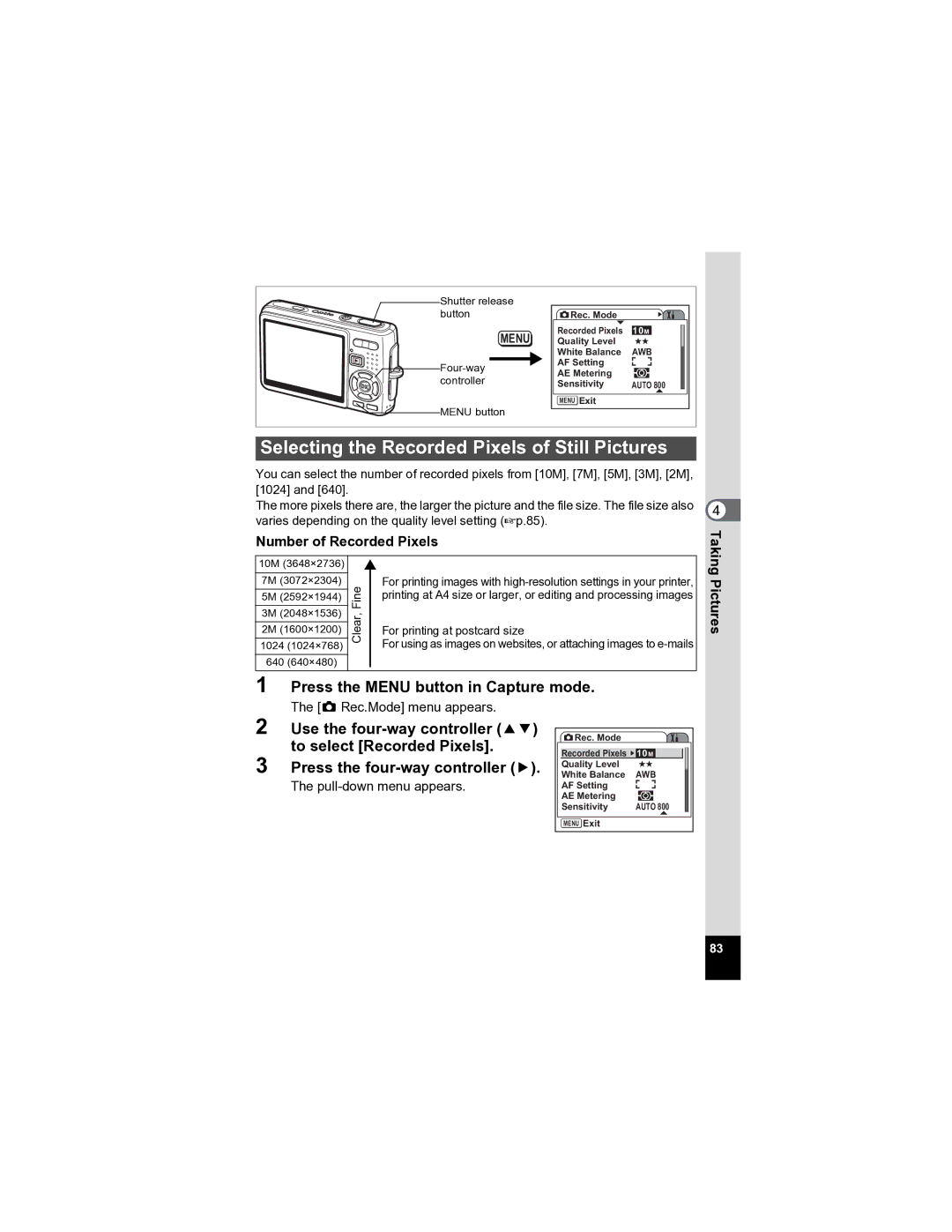 Pentax Optio A20 specifications Selecting the Recorded Pixels of Still Pictures, Number of Recorded Pixels 