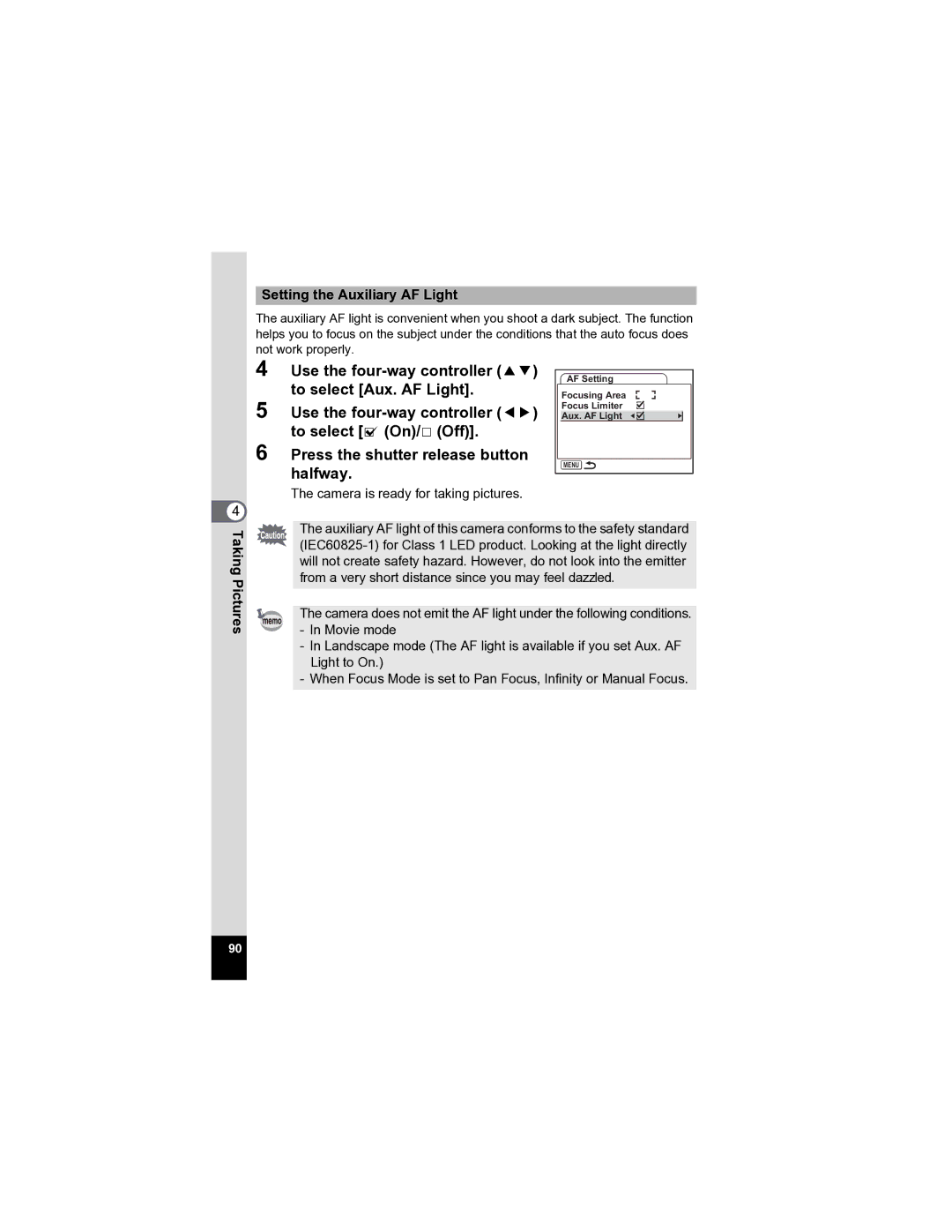 Pentax Optio A20 specifications Setting the Auxiliary AF Light 