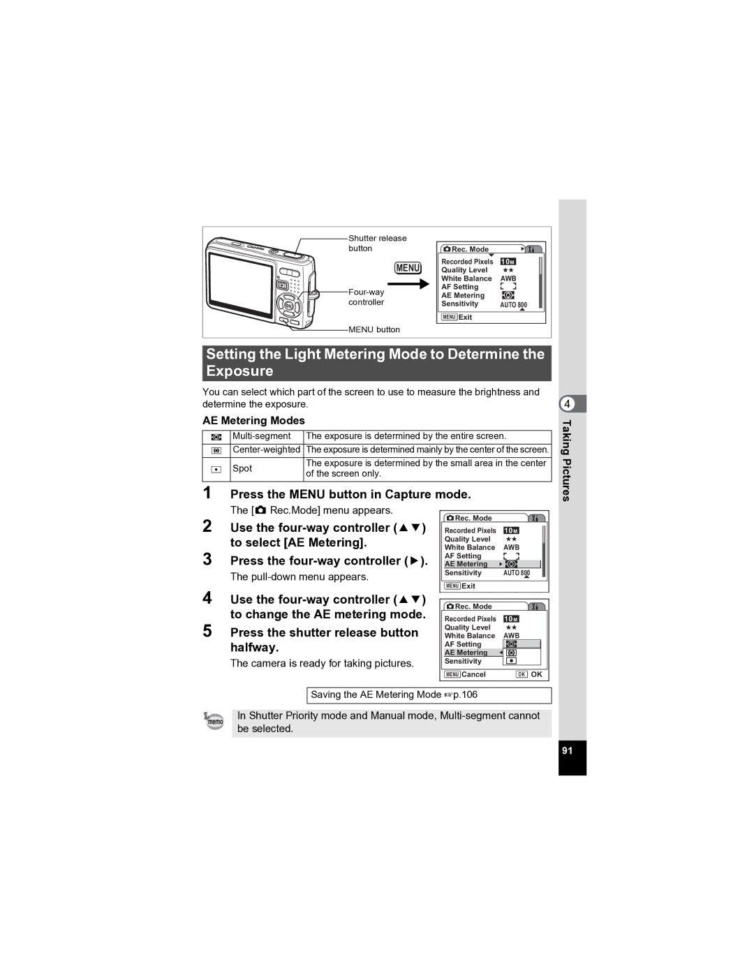 Pentax Optio A20 specifications Setting the Light Metering Mode to Determine the Exposure, AE Metering Modes 