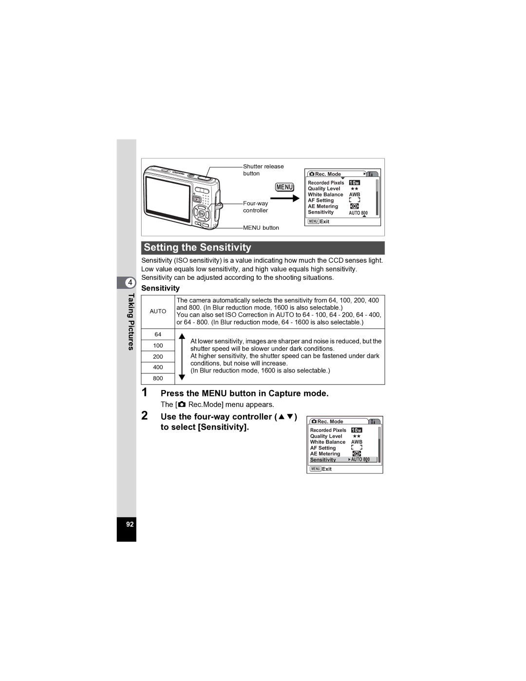 Pentax Optio A20 specifications Setting the Sensitivity, Use the four-way controller 23 to select Sensitivity 