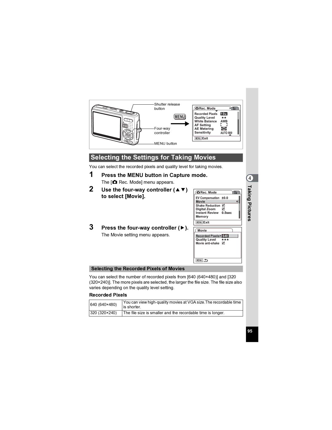 Pentax Optio A20 Selecting the Settings for Taking Movies, Use the four-way controller 23 to select Movie, Recorded Pixels 
