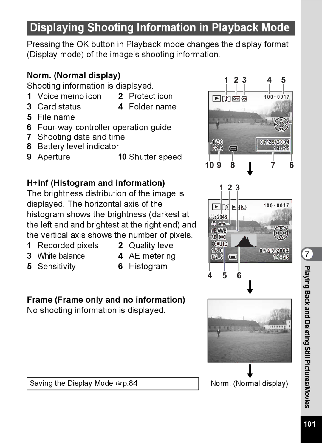 Pentax Optio MX4 Displaying Shooting Information in Playback Mode, Norm. Normal display Shooting information is displayed 