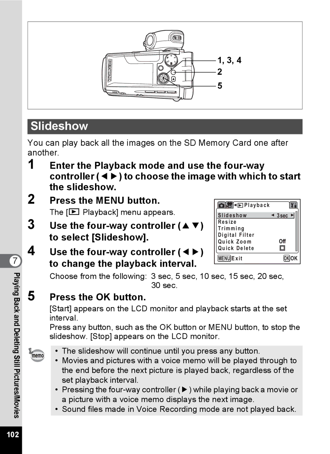 Pentax Optio MX4 specifications Slideshow, Q Playback menu appears 