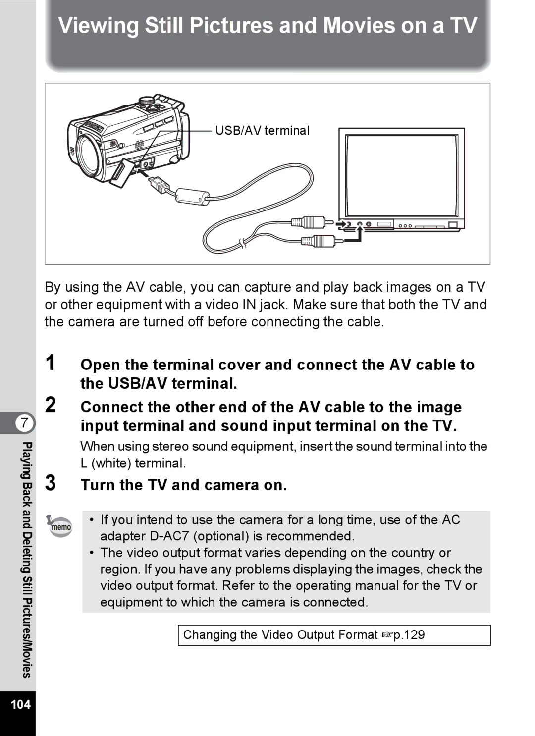 Pentax Optio MX4 specifications Viewing Still Pictures and Movies on a TV, Turn the TV and camera on 