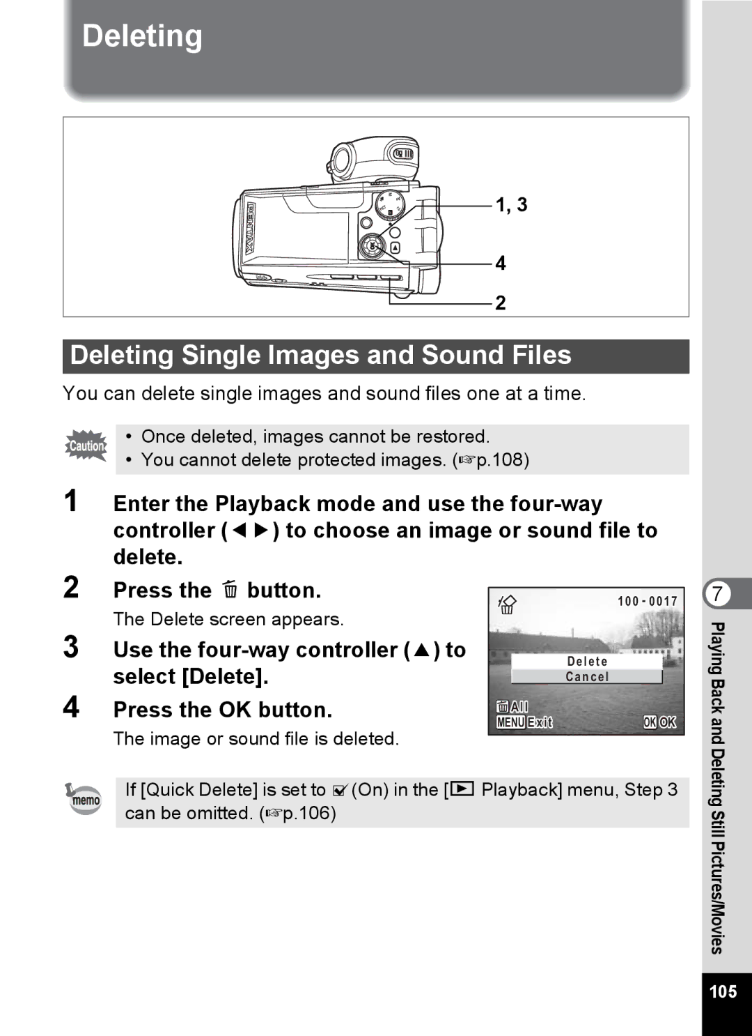 Pentax Optio MX4 specifications Deleting Single Images and Sound Files, Use the four-way controller 2 to, Select Delete 