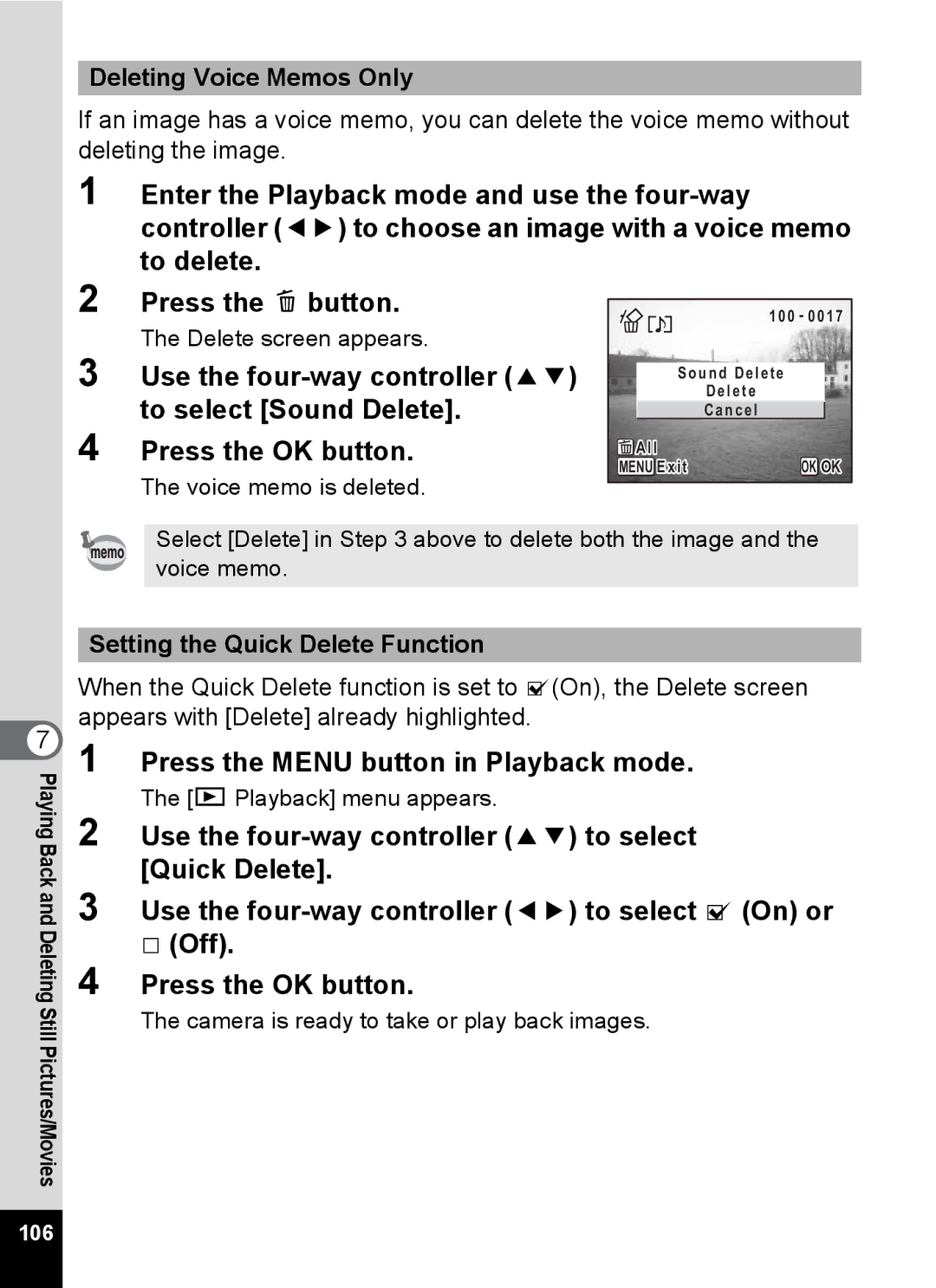 Pentax Optio MX4 specifications Press the Menu button in Playback mode, Quick Delete, Deleting Voice Memos Only 