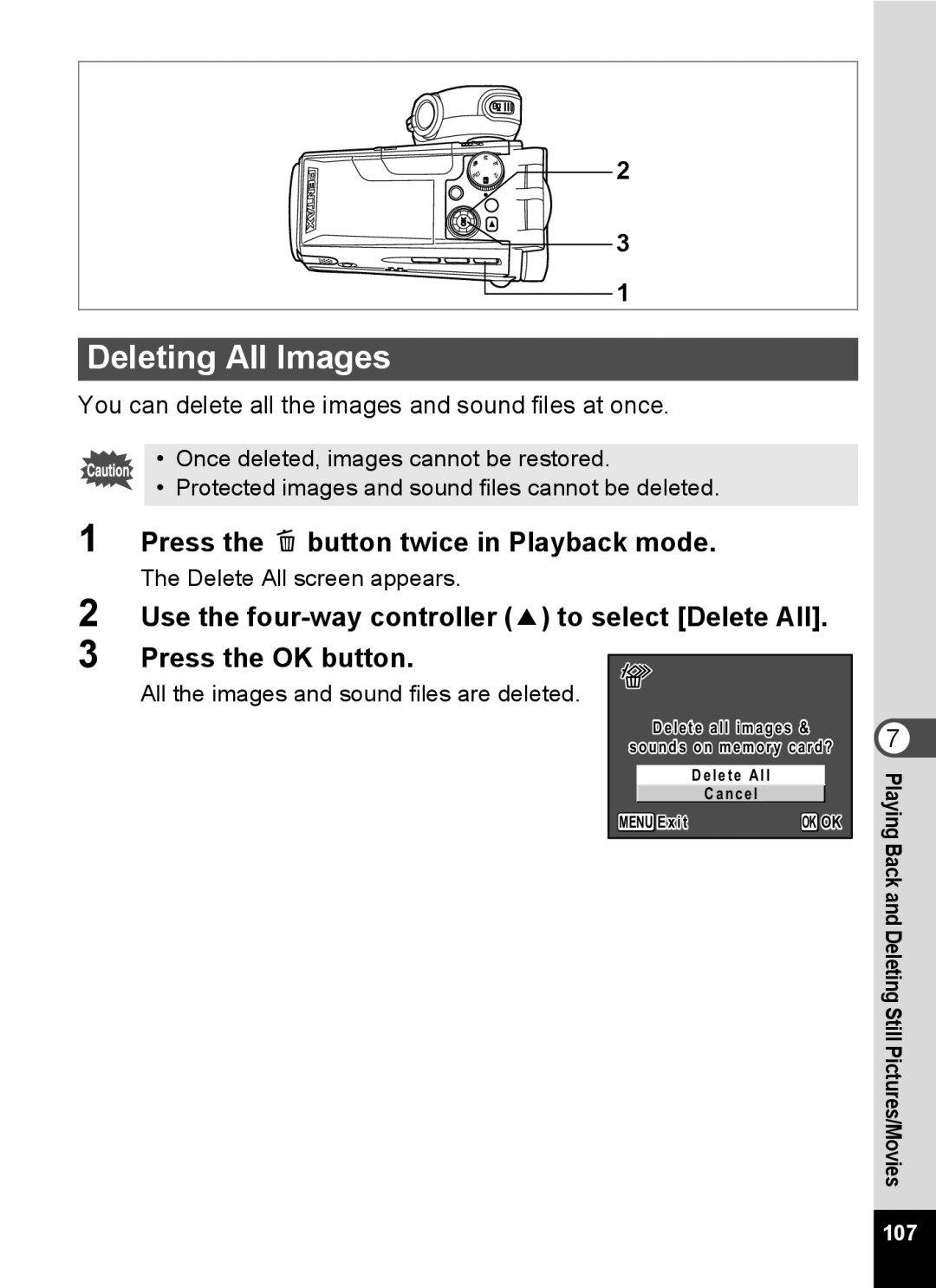 Pentax Optio MX4 specifications Deleting All Images, Press the i button twice in Playback mode, Delete All screen appears 