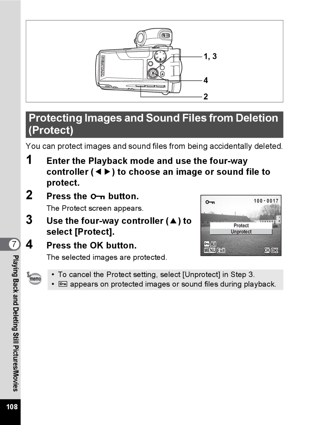 Pentax Optio MX4 specifications Protecting Images and Sound Files from Deletion Protect, Select Protect 