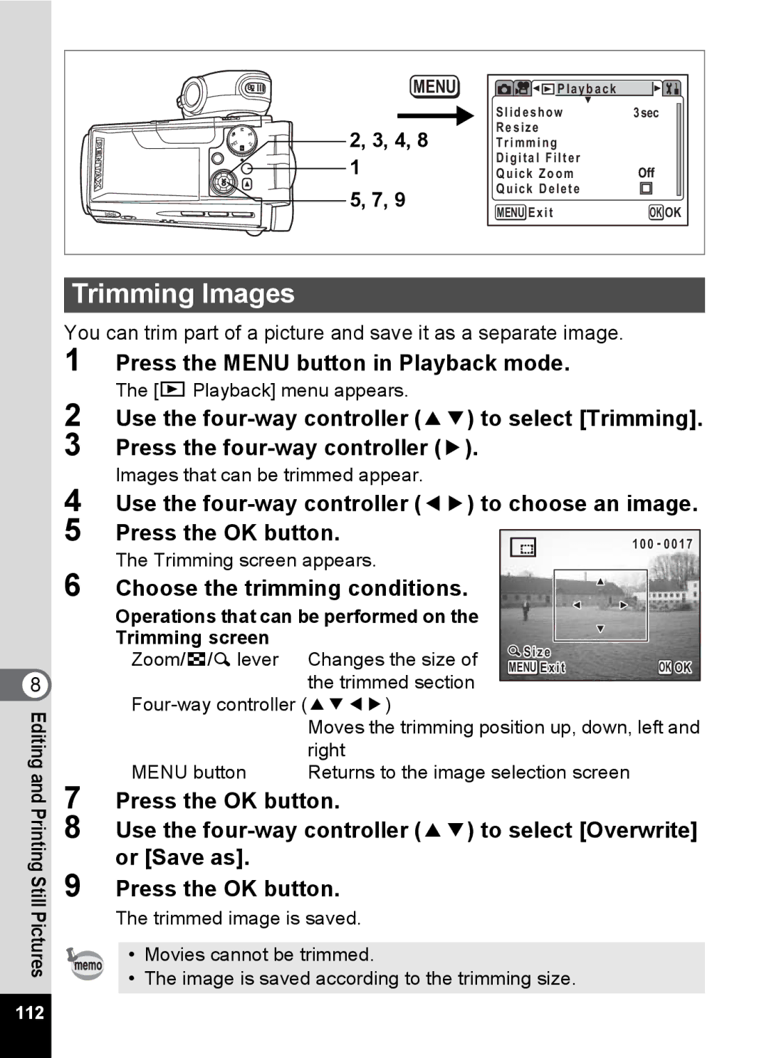 Pentax Optio MX4 specifications Trimming Images, Choose the trimming conditions, Images that can be trimmed appear 