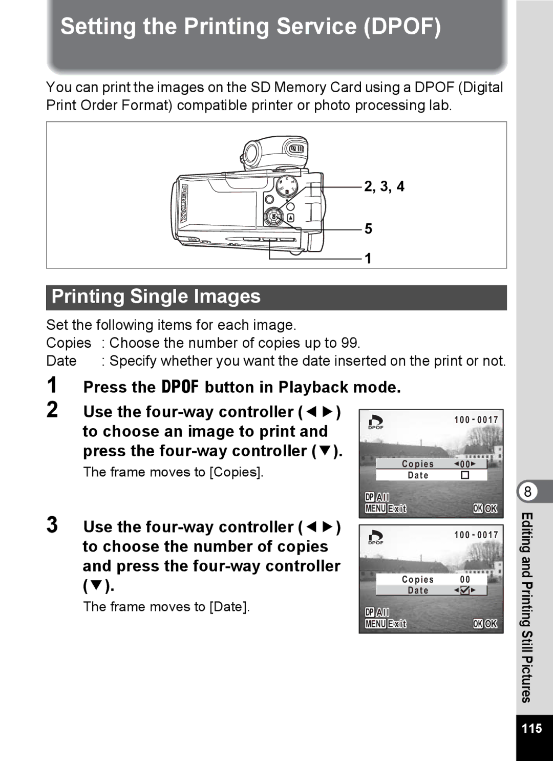 Pentax Optio MX4 Setting the Printing Service Dpof, Printing Single Images, Frame moves to Copies, Frame moves to Date 