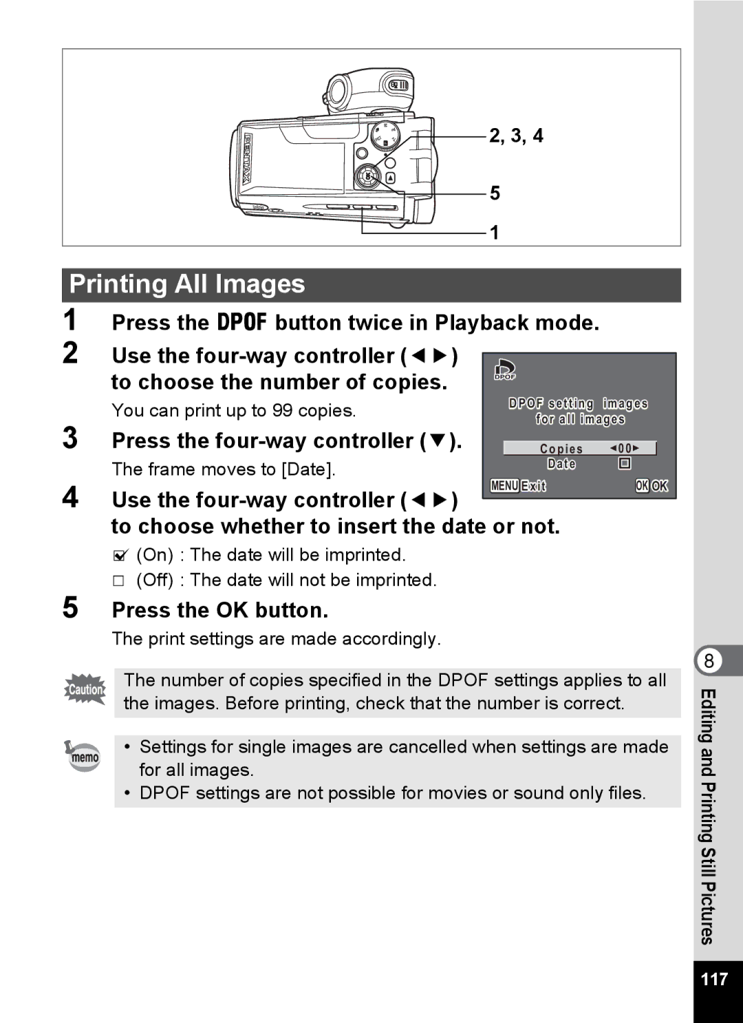 Pentax Optio MX4 specifications Printing All Images, To choose whether to insert the date or not 