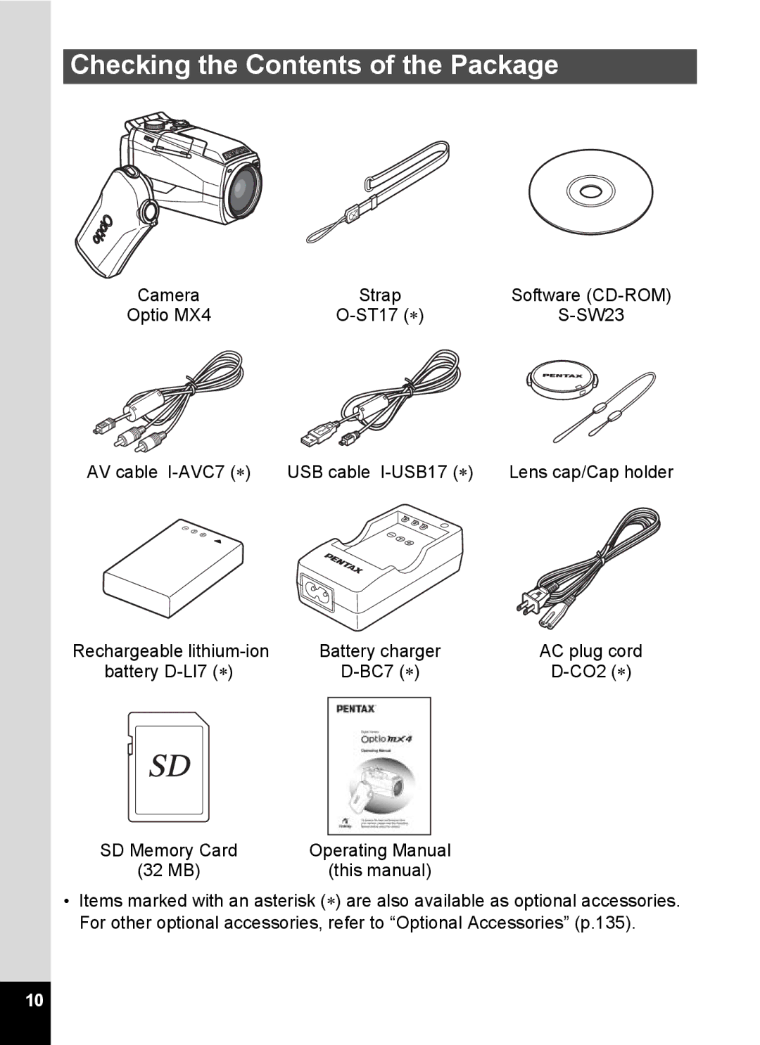 Pentax Optio MX4 specifications Checking the Contents of the Package 