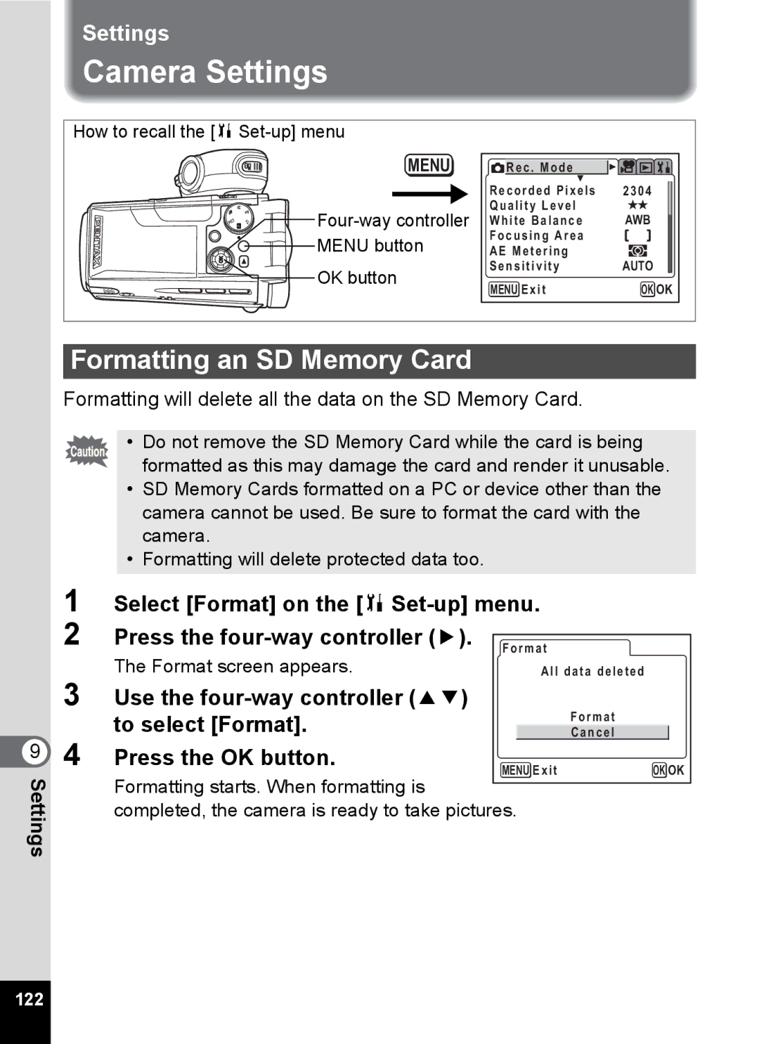 Pentax Optio MX4 specifications Camera Settings, Formatting an SD Memory Card, Use the four-way controller To select Format 