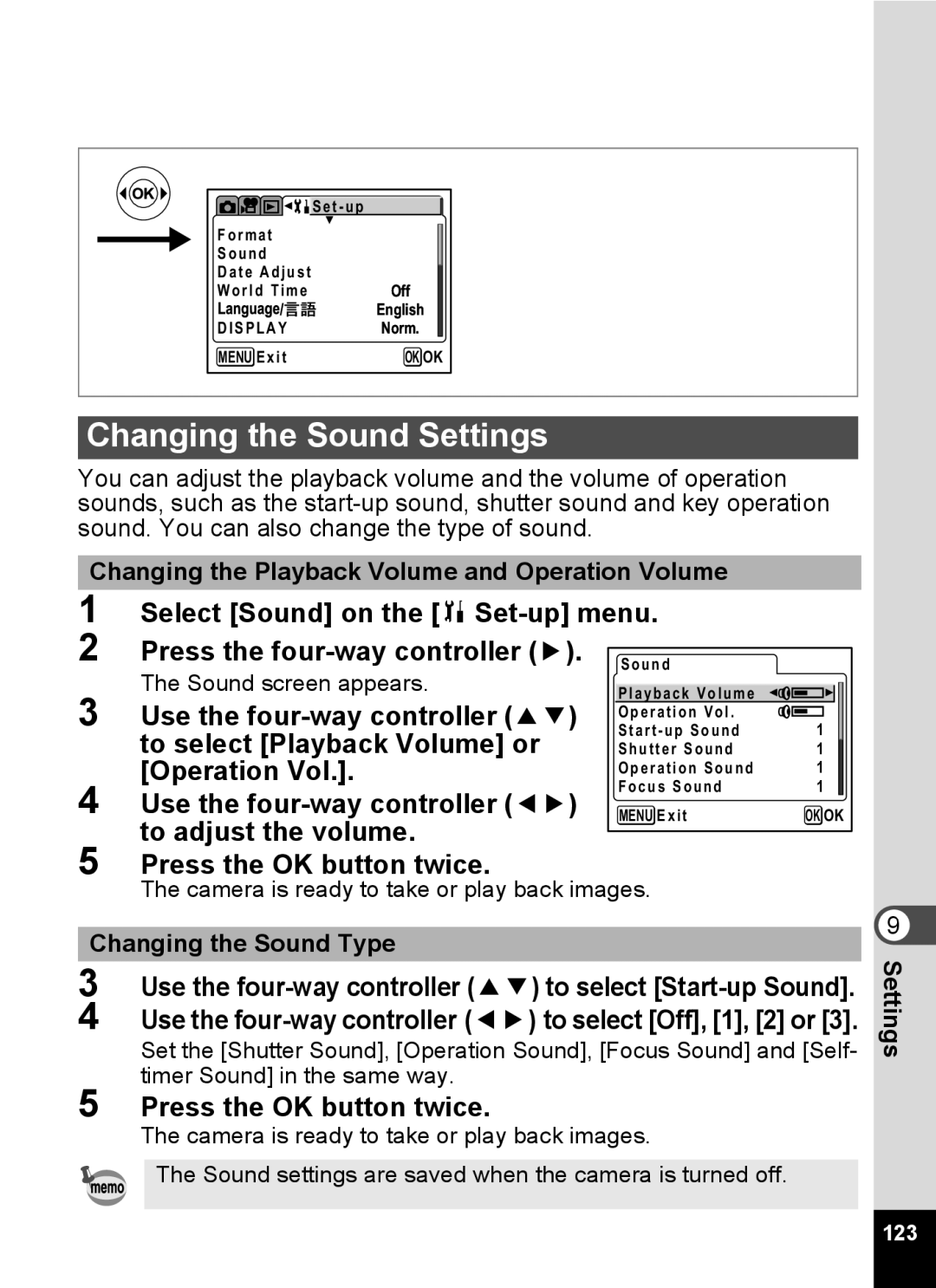 Pentax Optio MX4 specifications Changing the Sound Settings, To select Playback Volume or, Operation Vol 