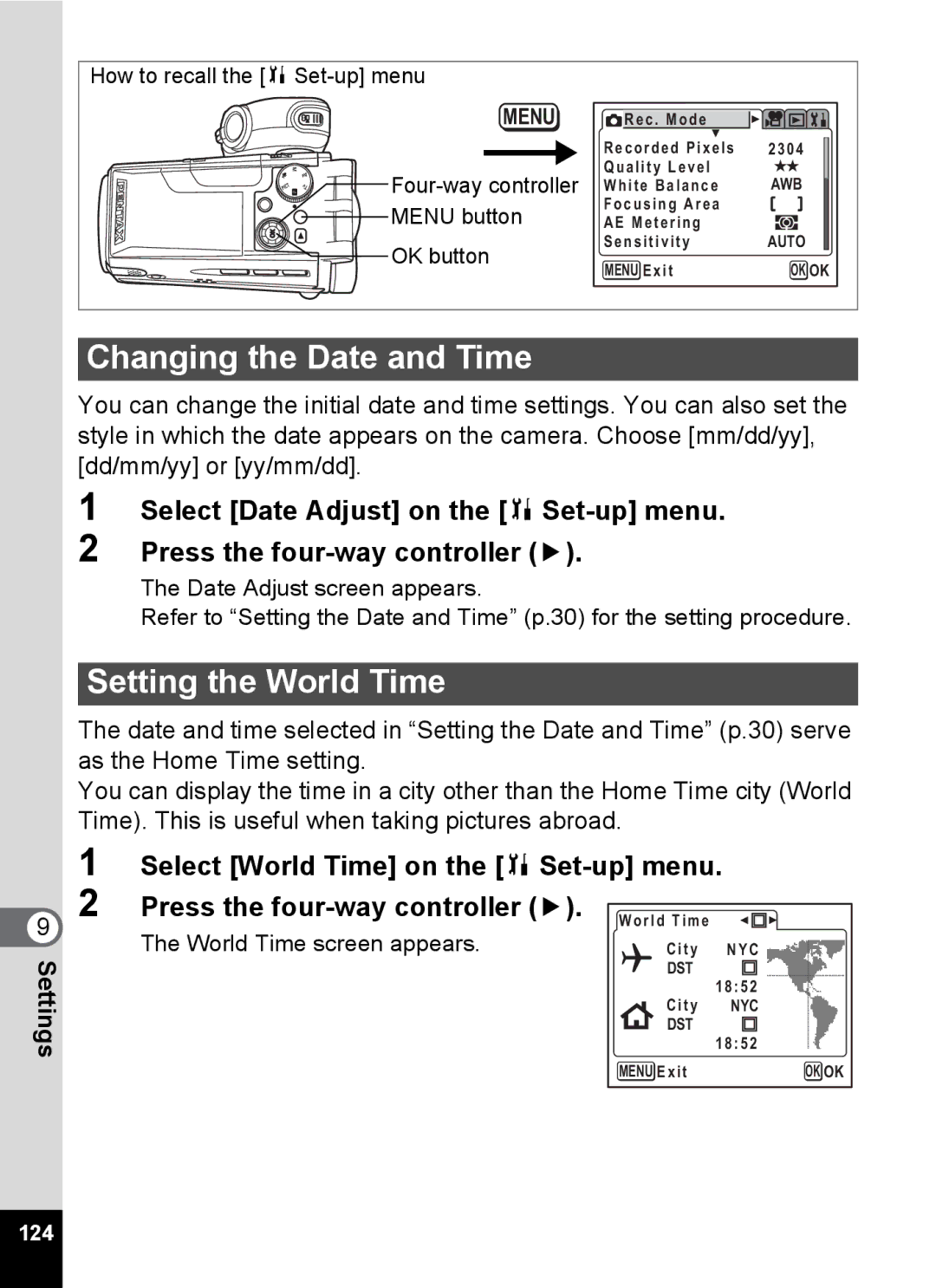 Pentax Optio MX4 specifications Changing the Date and Time, Setting the World Time 