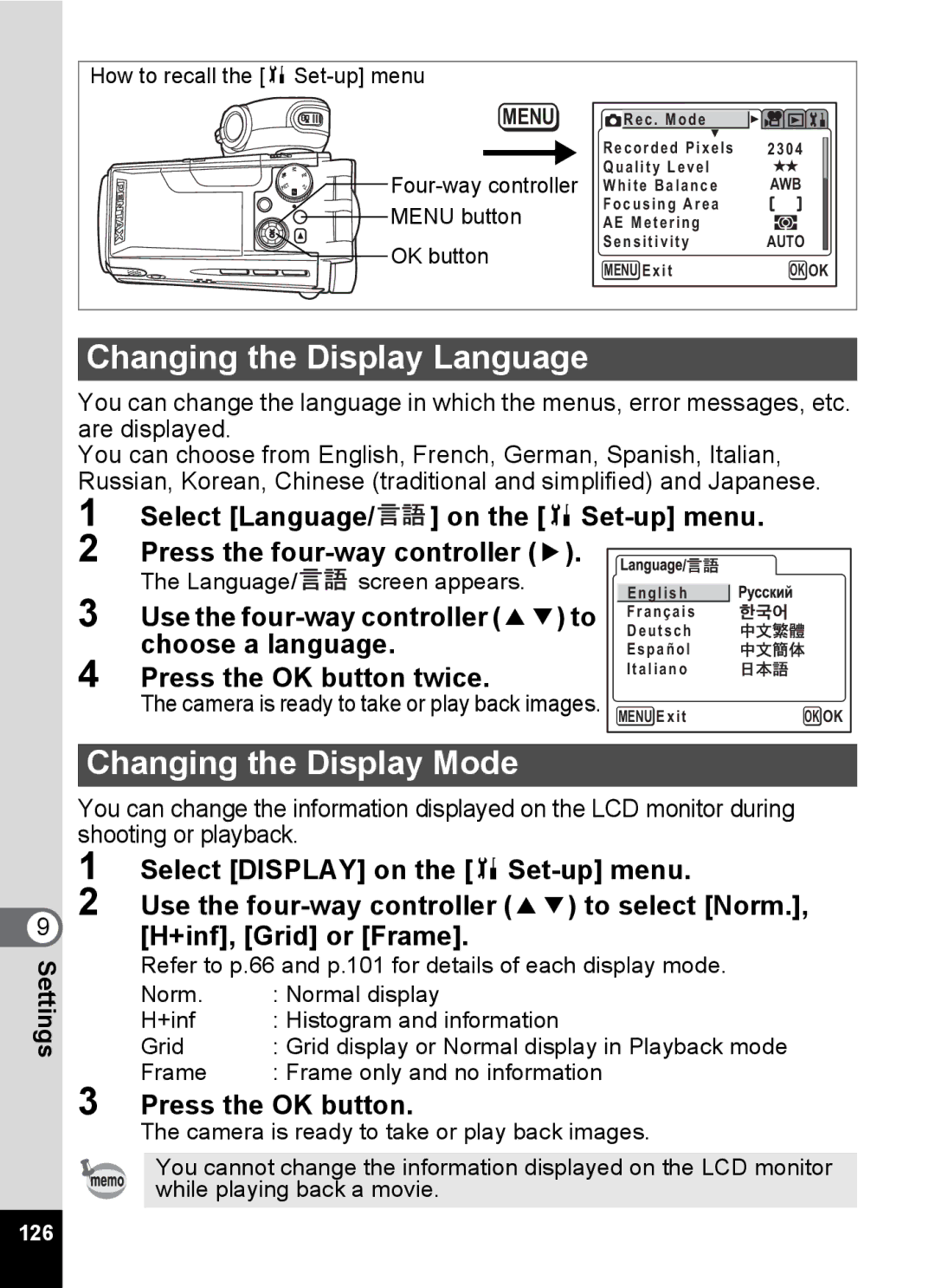 Pentax Optio MX4 specifications Changing the Display Language, Changing the Display Mode, Language/ screen appears 