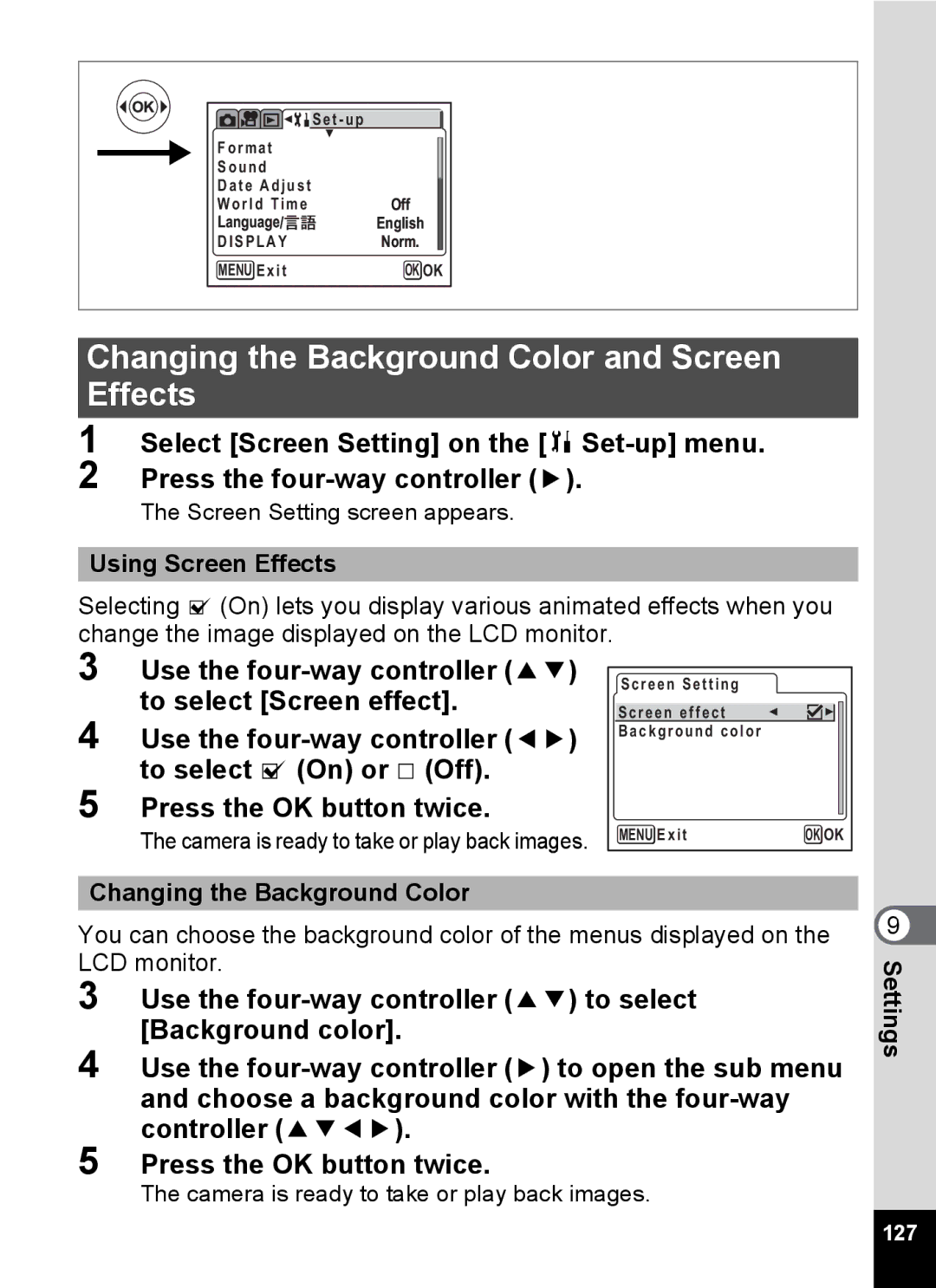 Pentax Optio MX4 Changing the Background Color and Screen Effects, Using Screen Effects, Screen Setting screen appears 