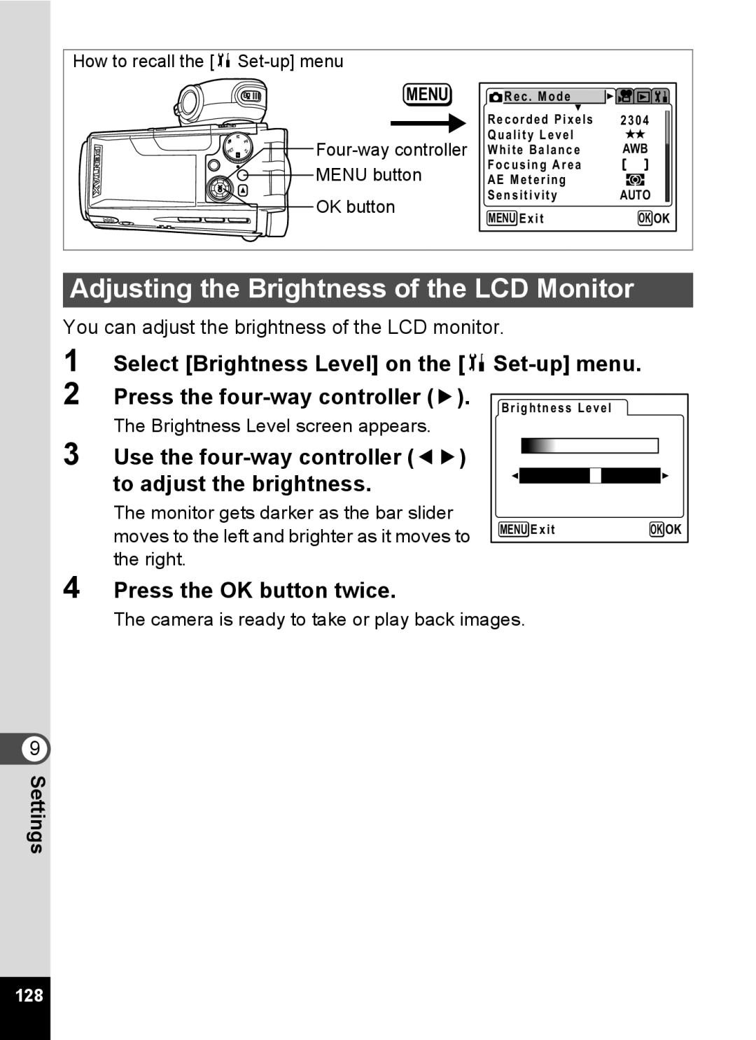 Pentax Optio MX4 Adjusting the Brightness of the LCD Monitor, Use the four-way controller 45 to adjust the brightness 