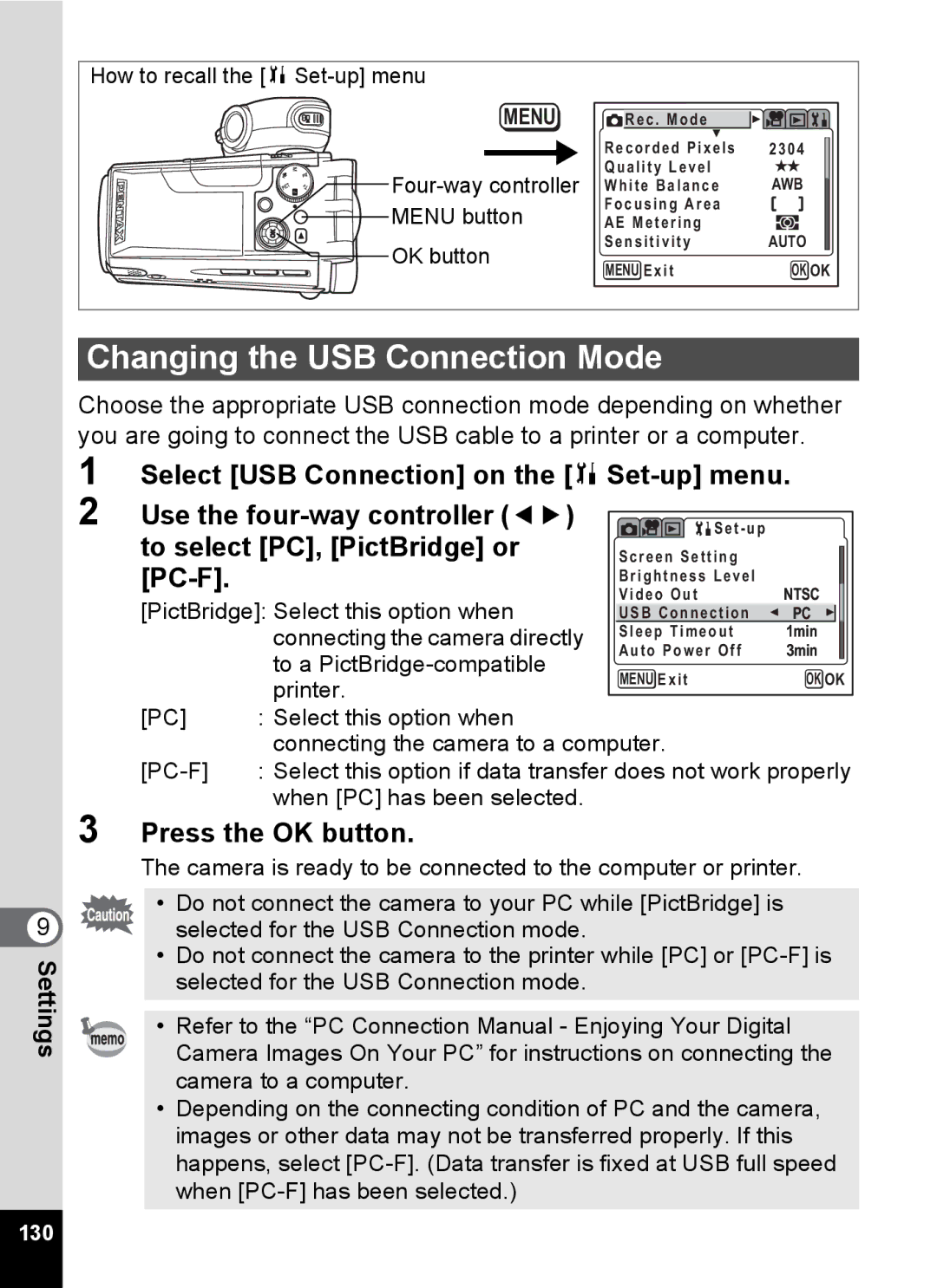 Pentax Optio MX4 specifications Changing the USB Connection Mode, To select PC, PictBridge or, Pc-F 