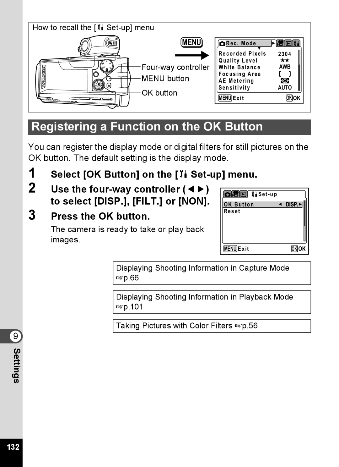 Pentax Optio MX4 specifications Registering a Function on the OK Button, To select DISP., FILT. or NON 