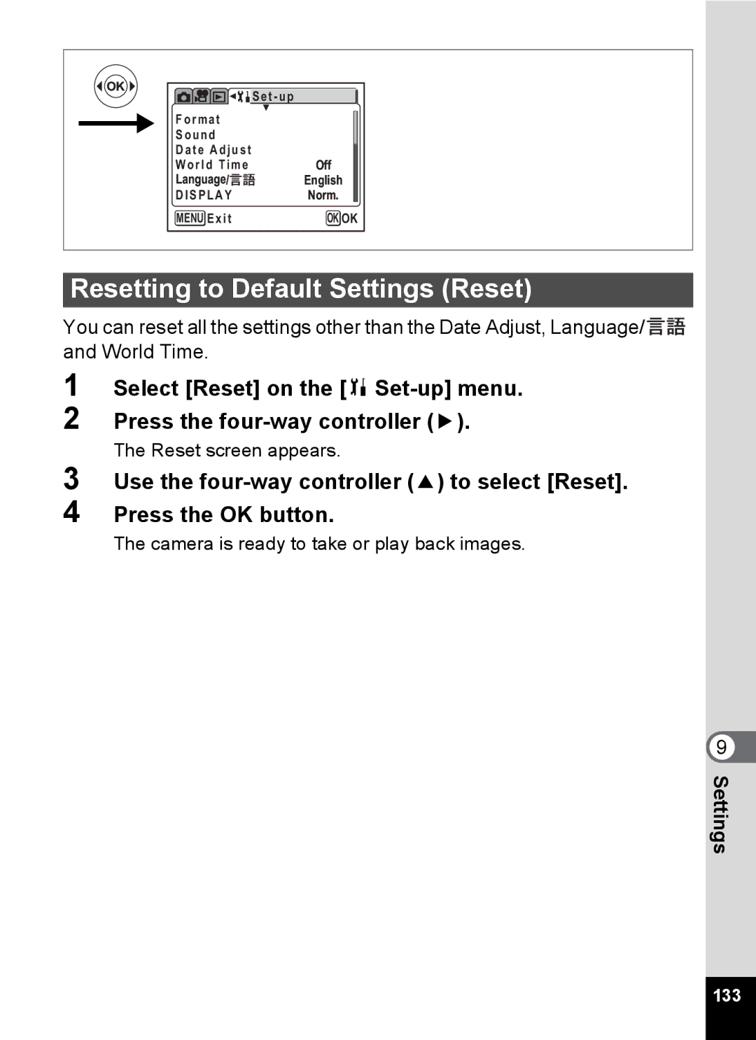 Pentax Optio MX4 specifications Resetting to Default Settings Reset, Reset screen appears 