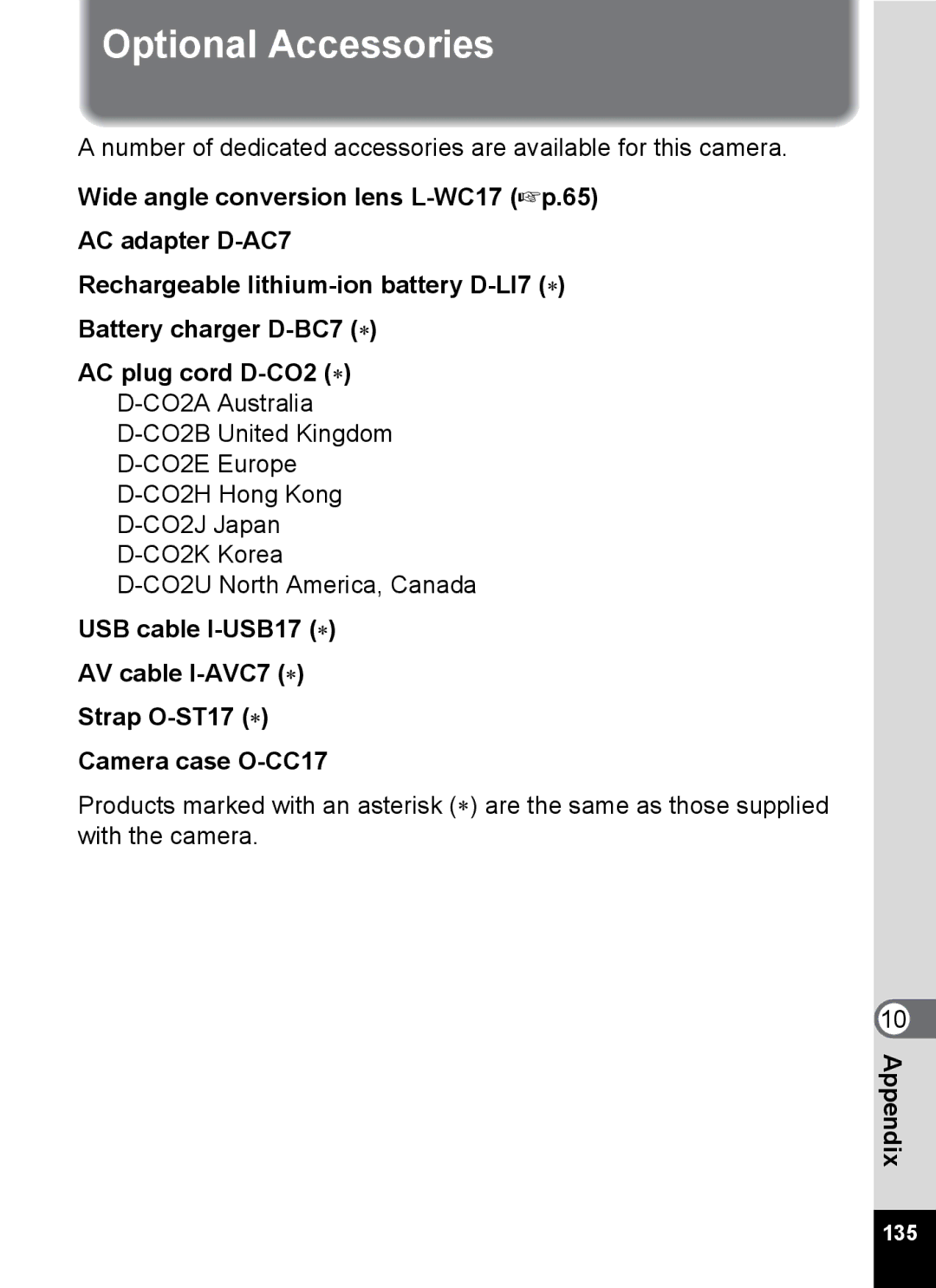 Pentax Optio MX4 specifications Optional Accessories 