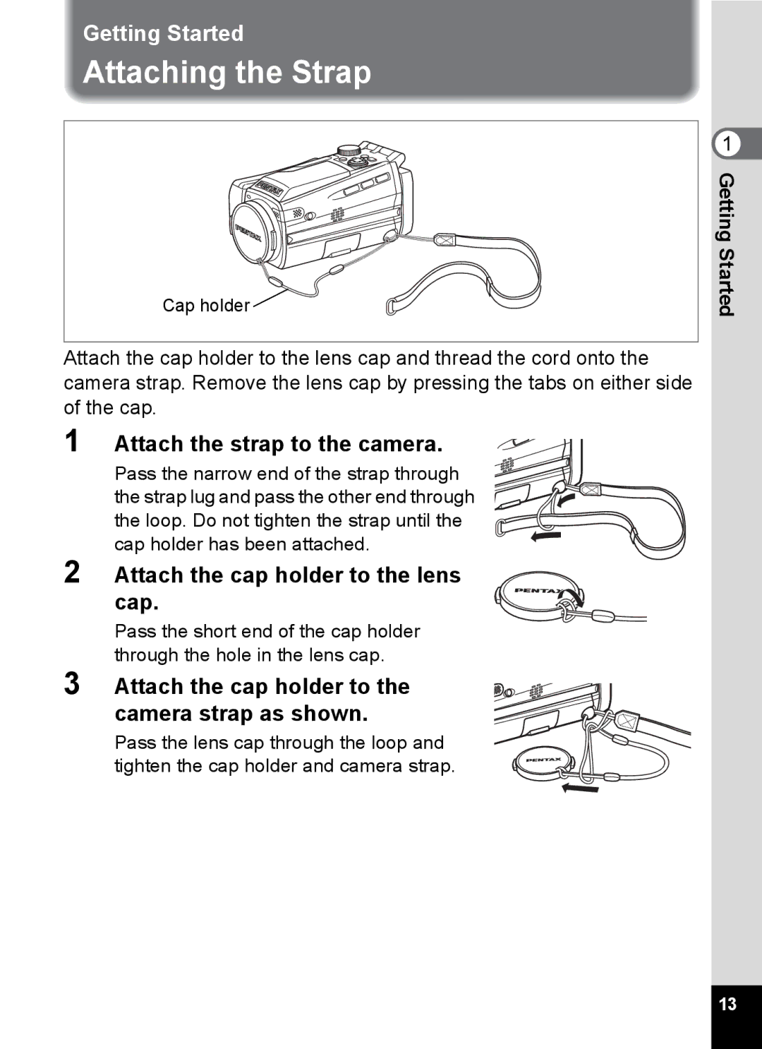 Pentax Optio MX4 Attaching the Strap, Attach the strap to the camera, Attach the cap holder to the lens cap, Cap holder 