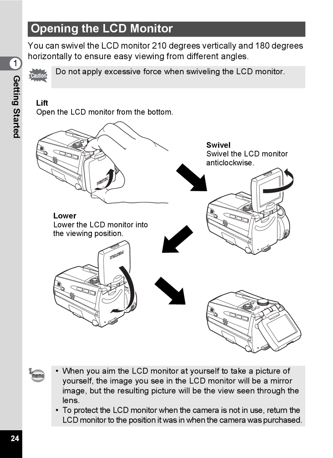 Pentax Optio MX4 specifications Opening the LCD Monitor, Do not apply excessive force when swiveling the LCD monitor 