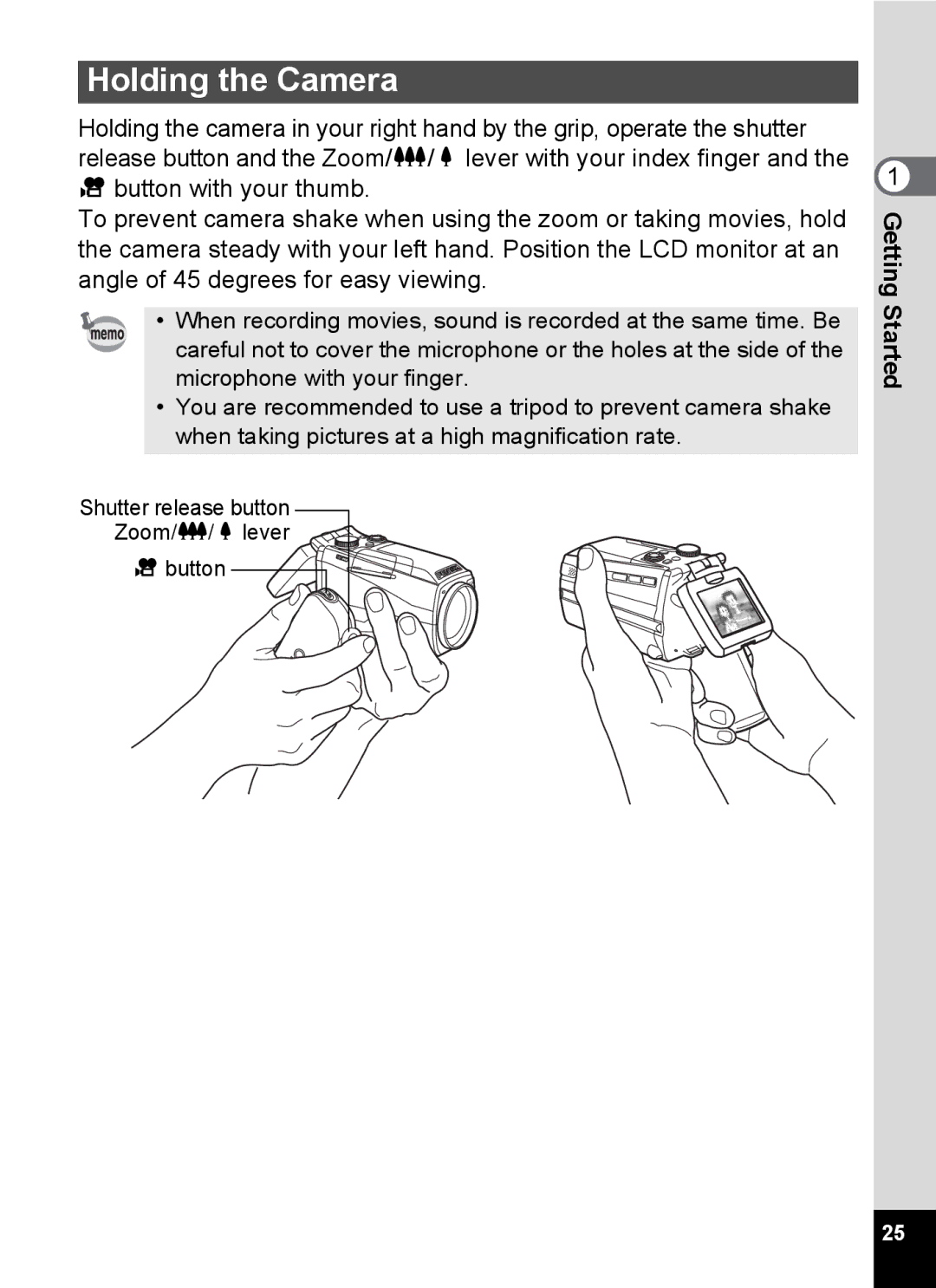 Pentax Optio MX4 specifications Holding the Camera 