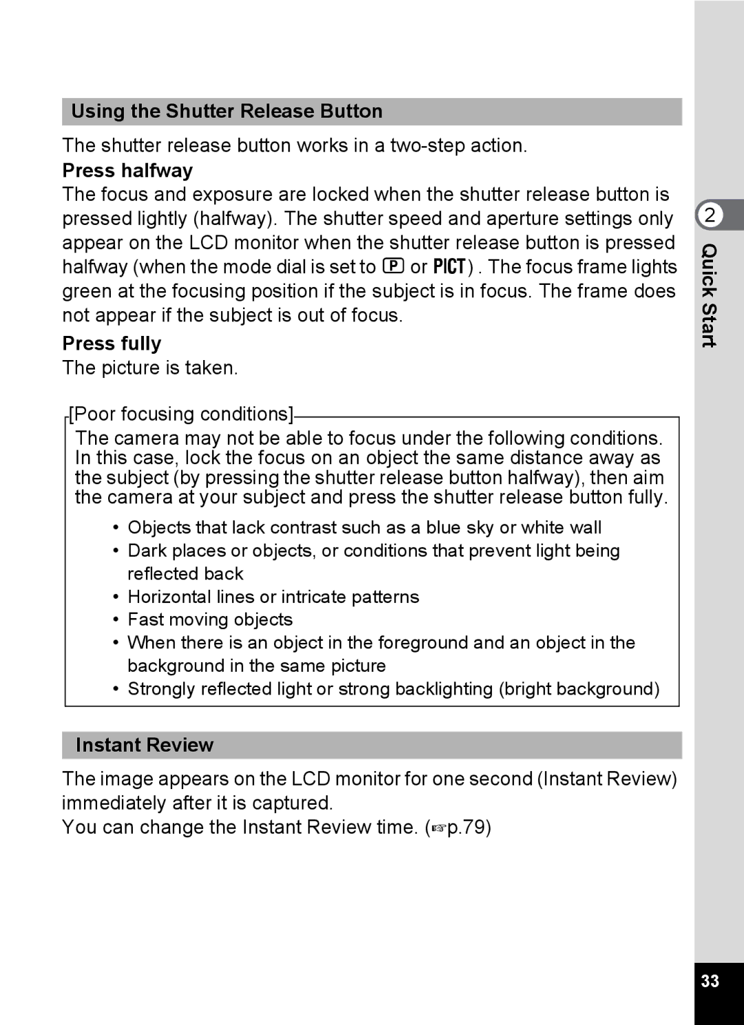 Pentax Optio MX4 specifications Using the Shutter Release Button, Press halfway, Press fully, Instant Review 