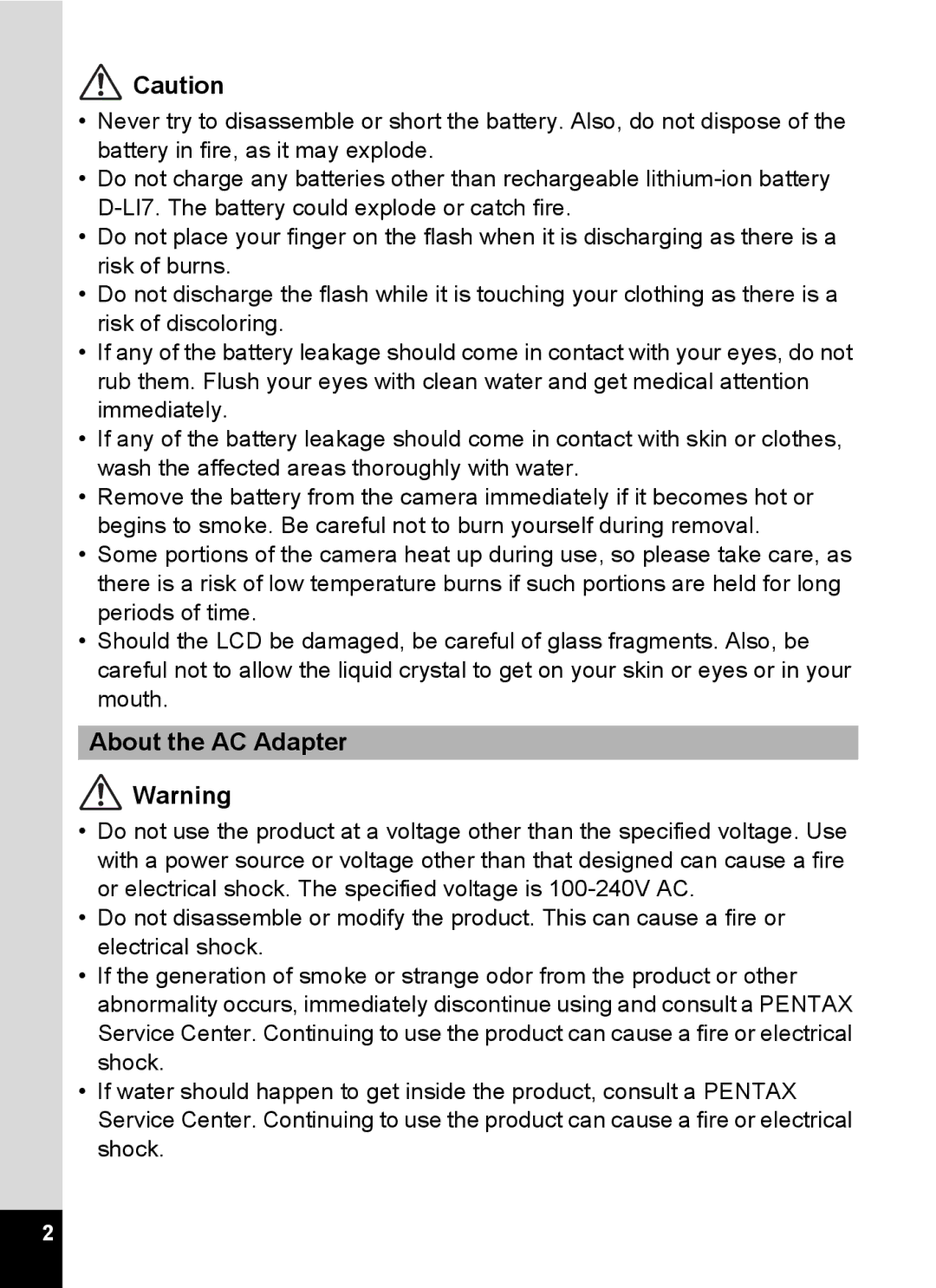 Pentax Optio MX4 specifications About the AC Adapter 