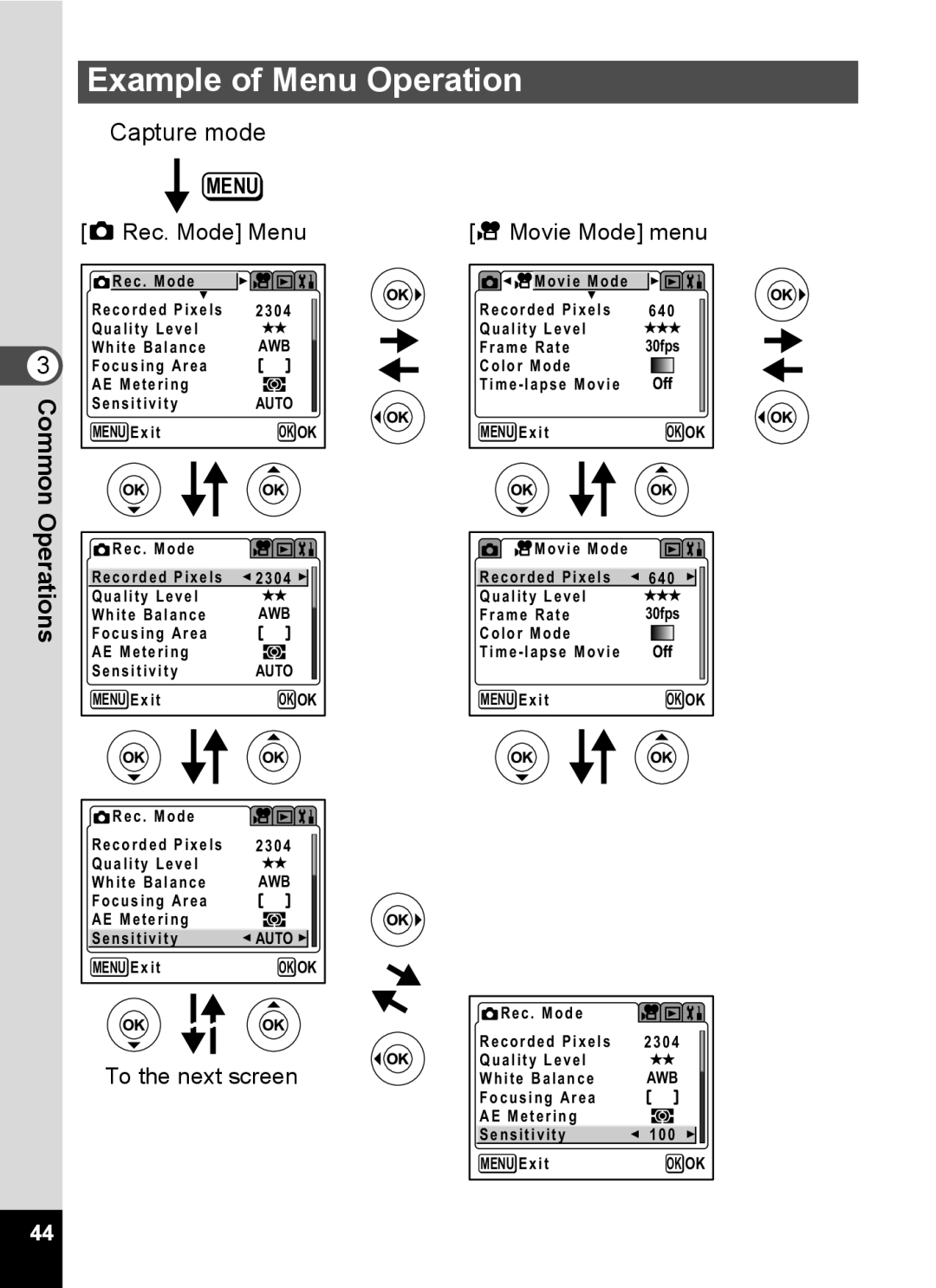 Pentax Optio MX4 specifications Example of Menu Operation, To the next screen Movie Mode menu 