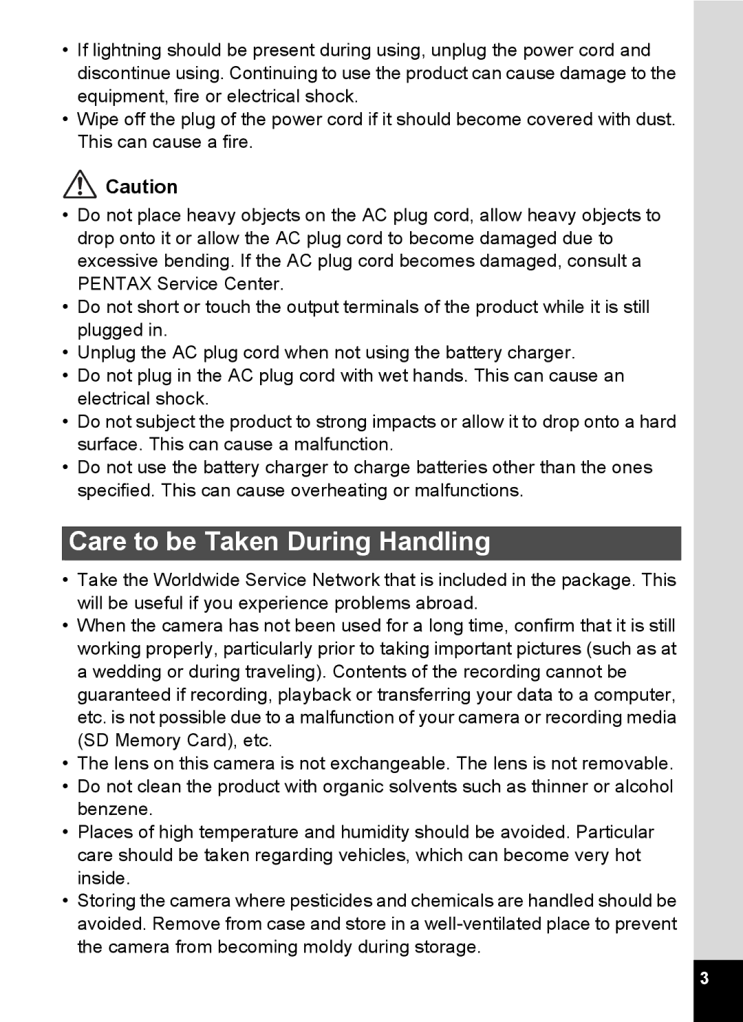 Pentax Optio MX4 specifications Care to be Taken During Handling 