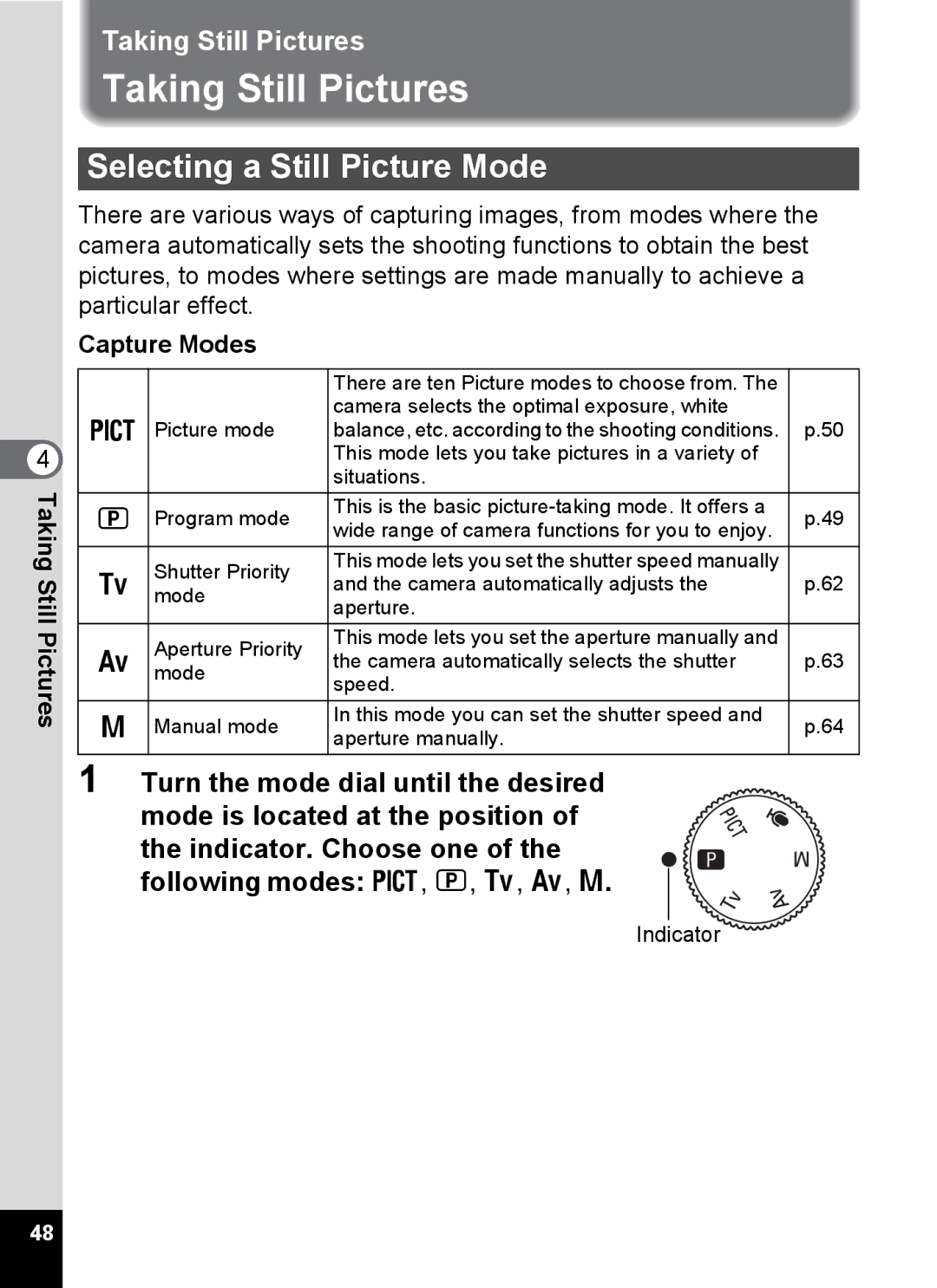 Pentax Optio MX4 specifications Taking Still Pictures, Selecting a Still Picture Mode, Capture Modes, Indicator 