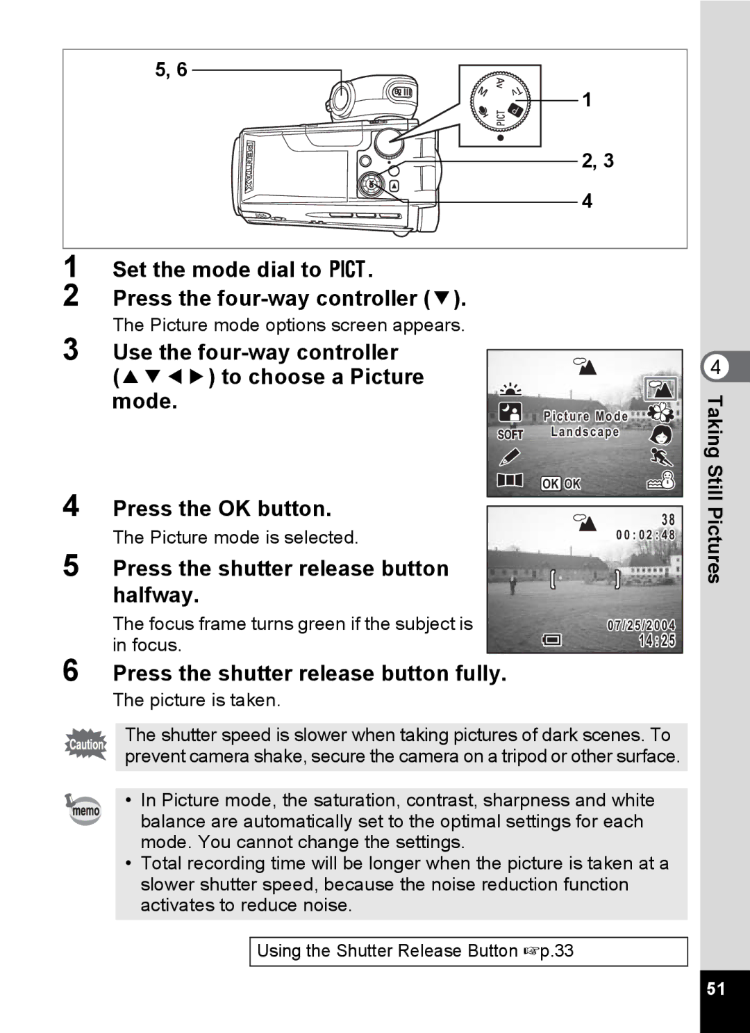 Pentax Optio MX4 specifications Set the mode dial to d Press the four-way controller, Picture mode options screen appears 